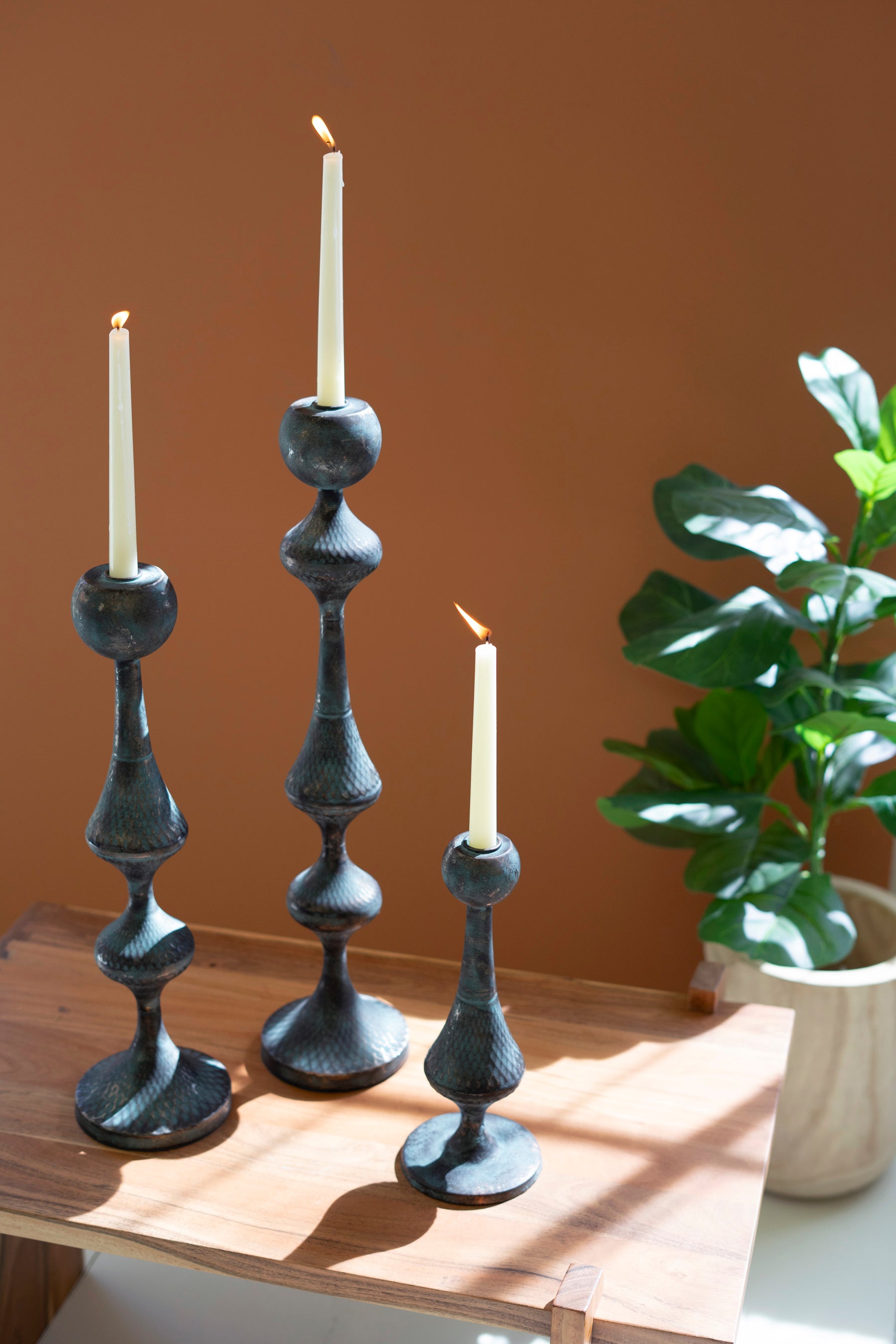 Set Of Three Rustic Patina Metal Taper Candle Holders