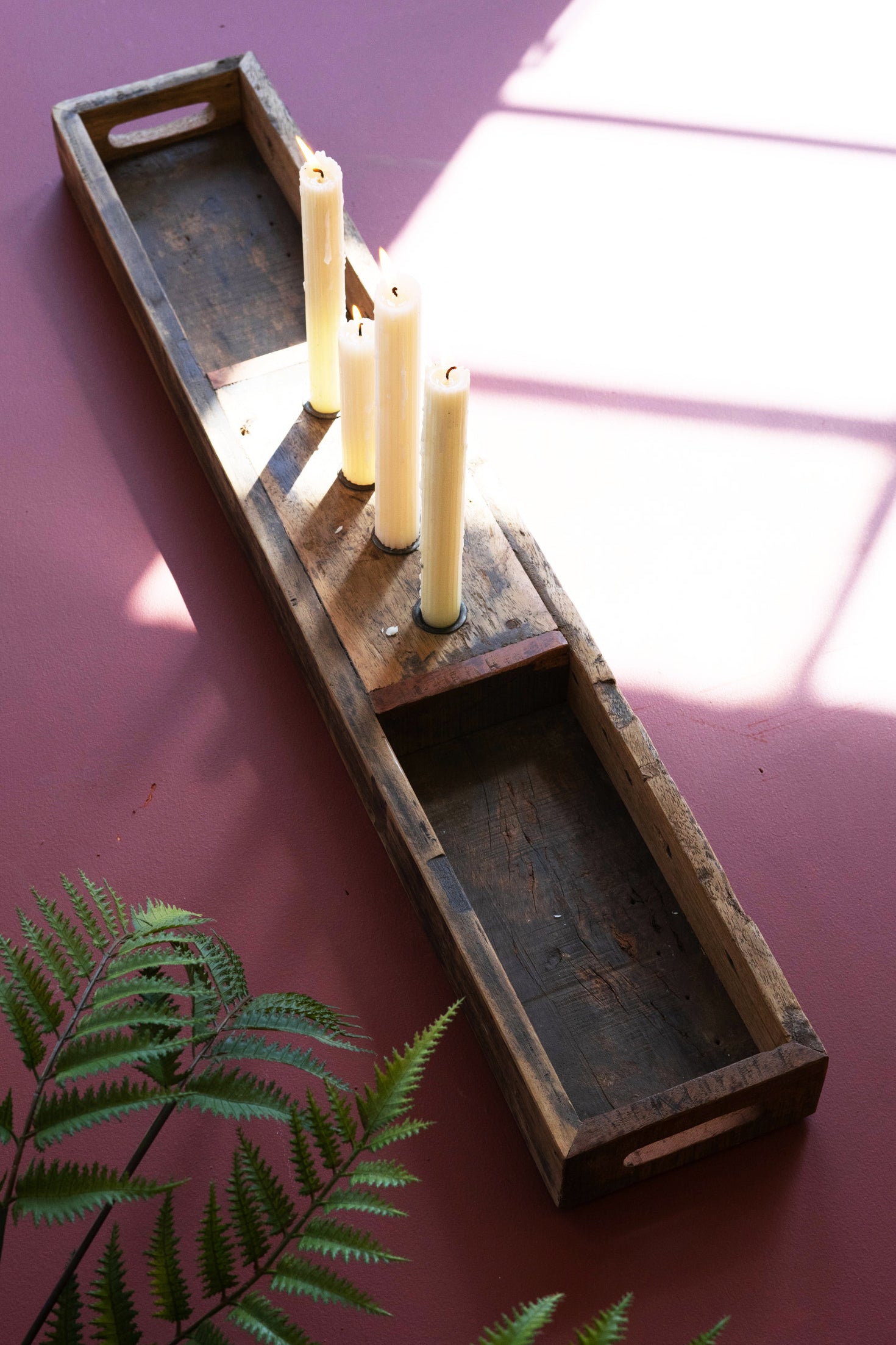 Recycled Wooden Tray With Four Taper Candle Holders