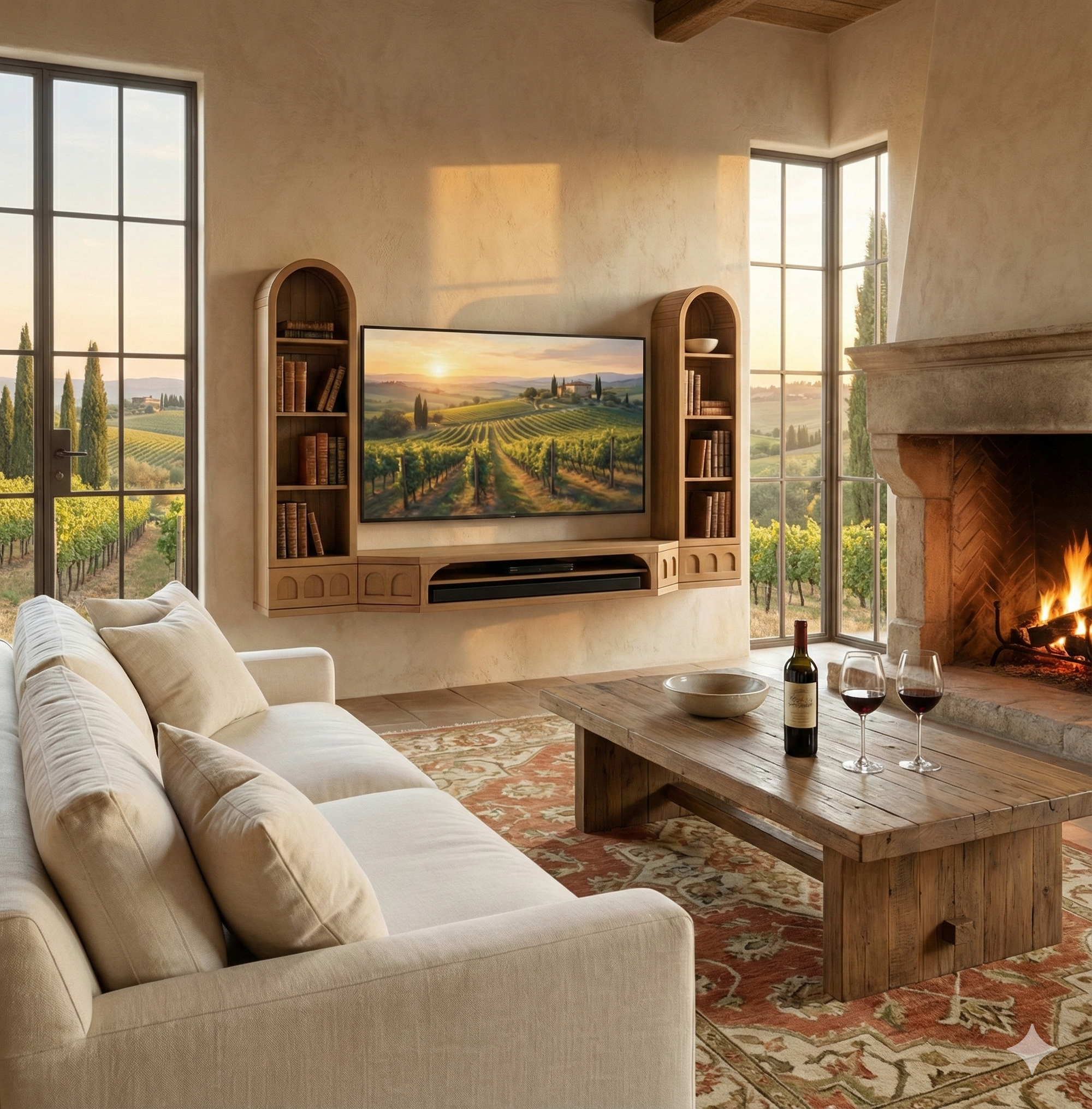 Floating TV Stand Natural Light Oak Arched Wall Mount Entertainment Center For Up To 75" Screens - Santa Barbara - Wheat