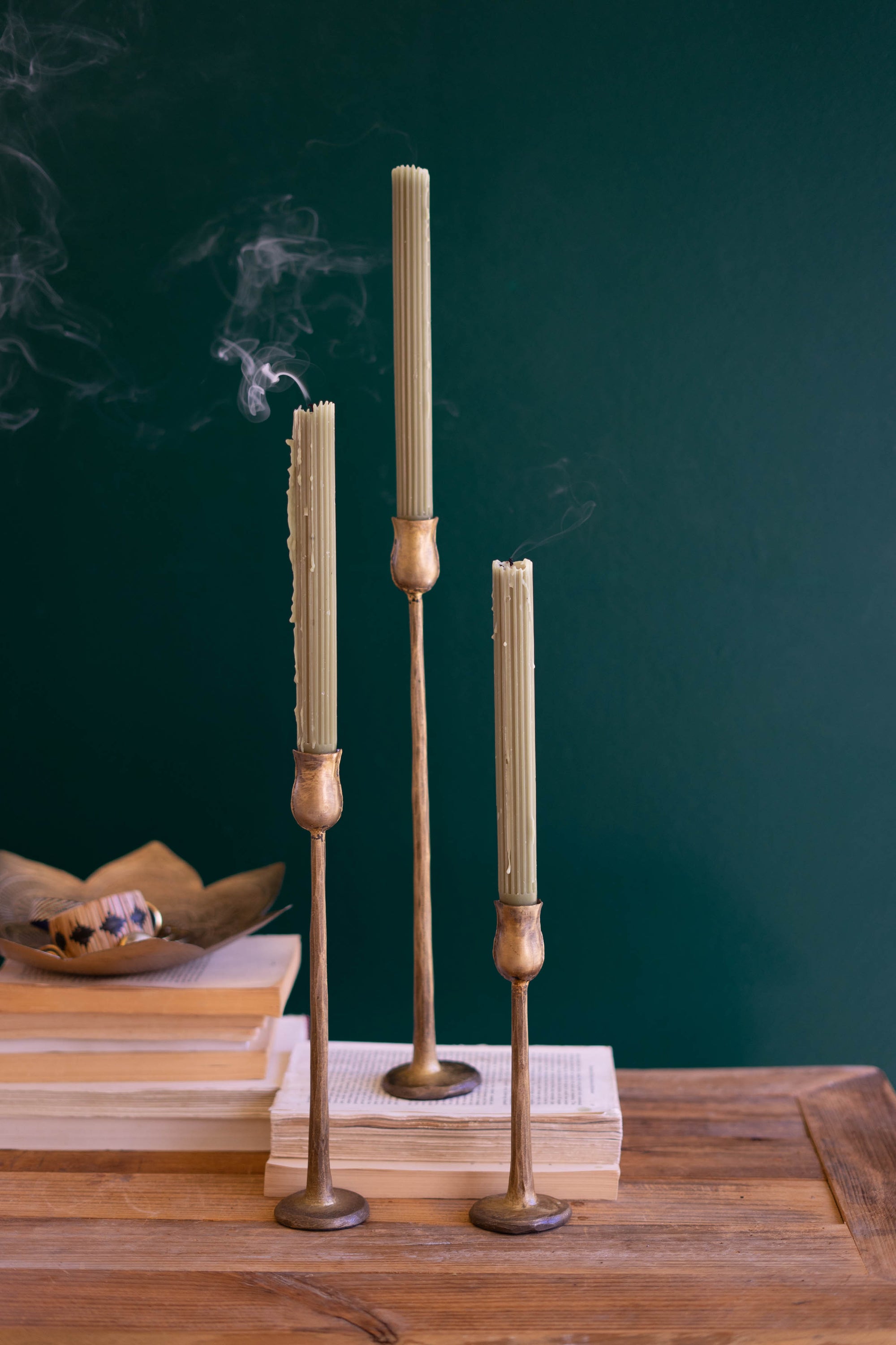 Set Of Three Metal Taper Candle Holders - Antique Brass
