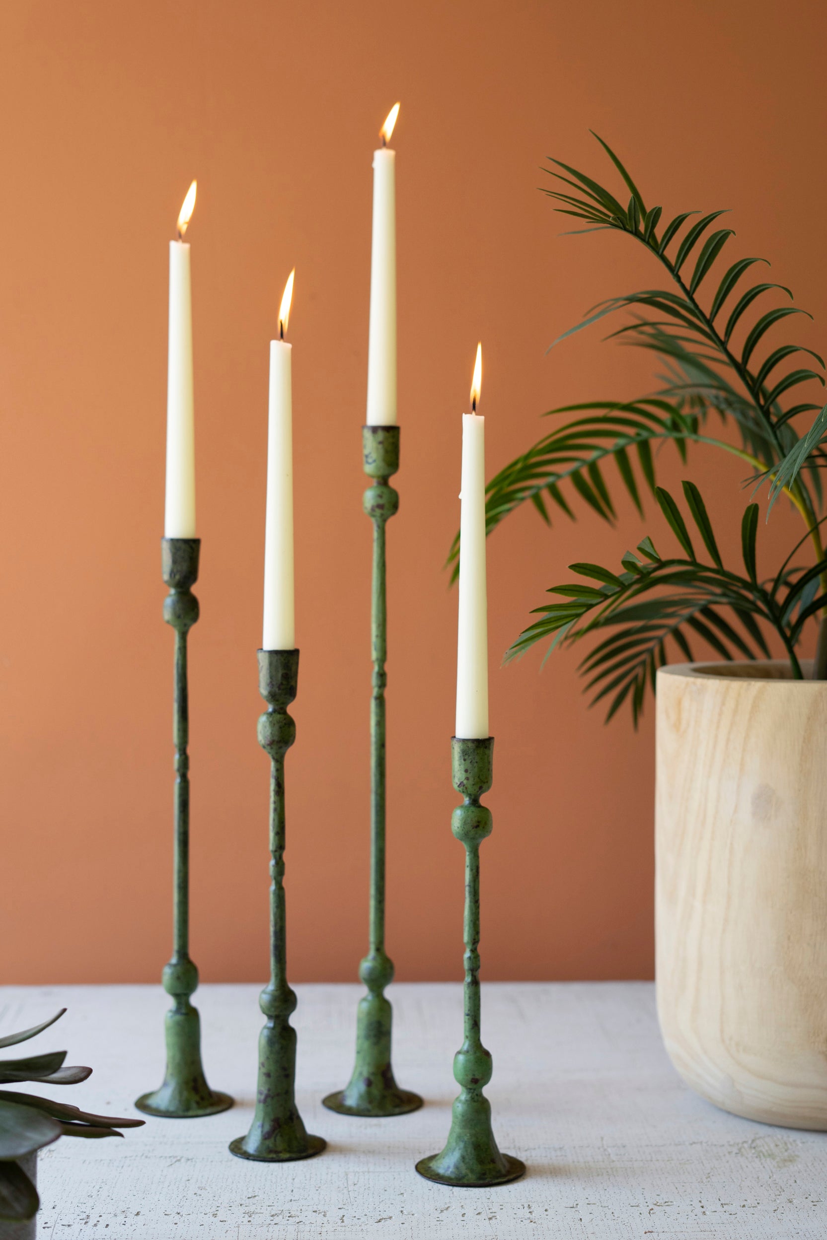 Set Of Four Forged-Iron Taper Candle Holders - Green Patina