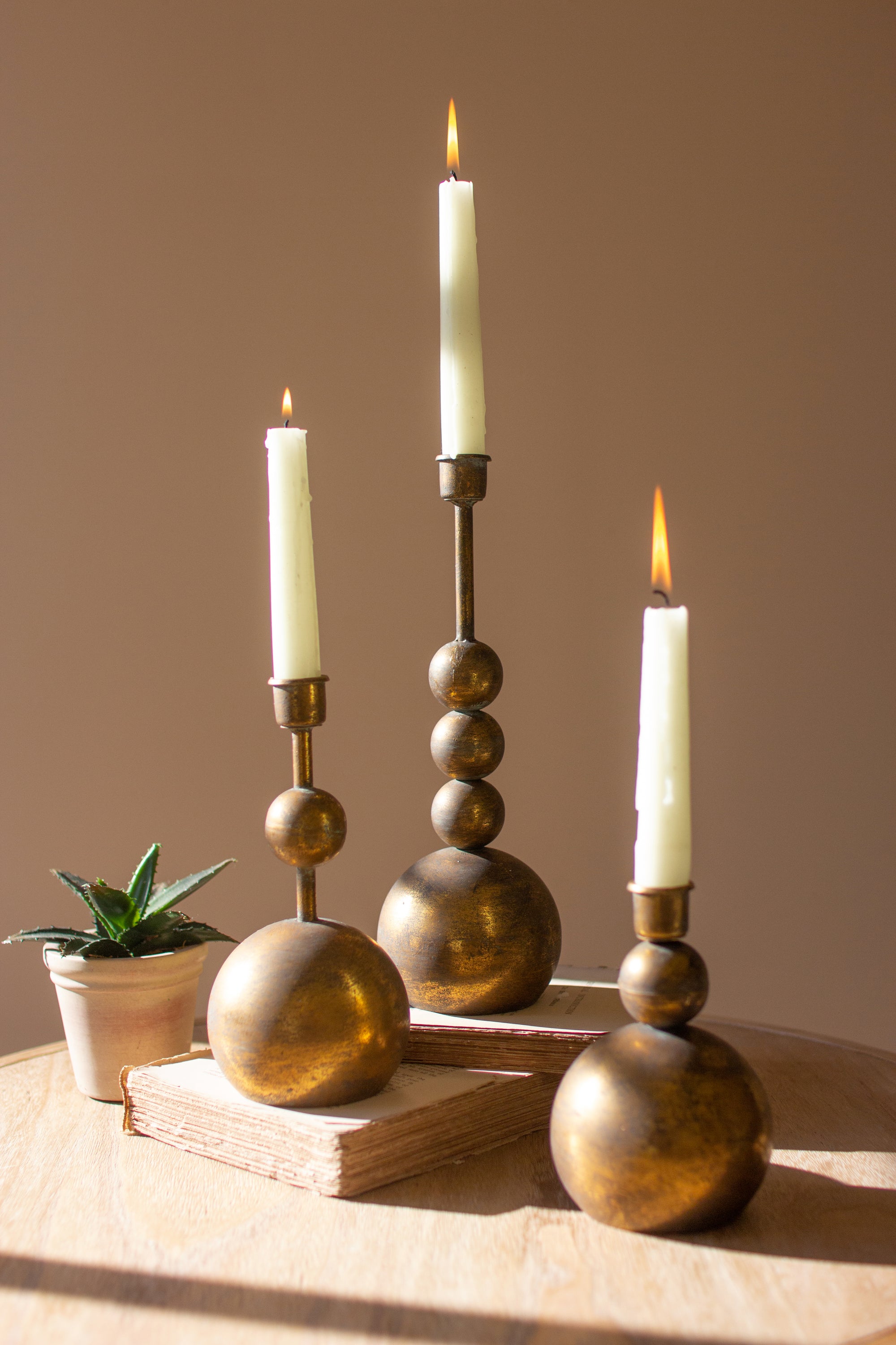 Set Of Three Antique Brass Taper Candle Holders