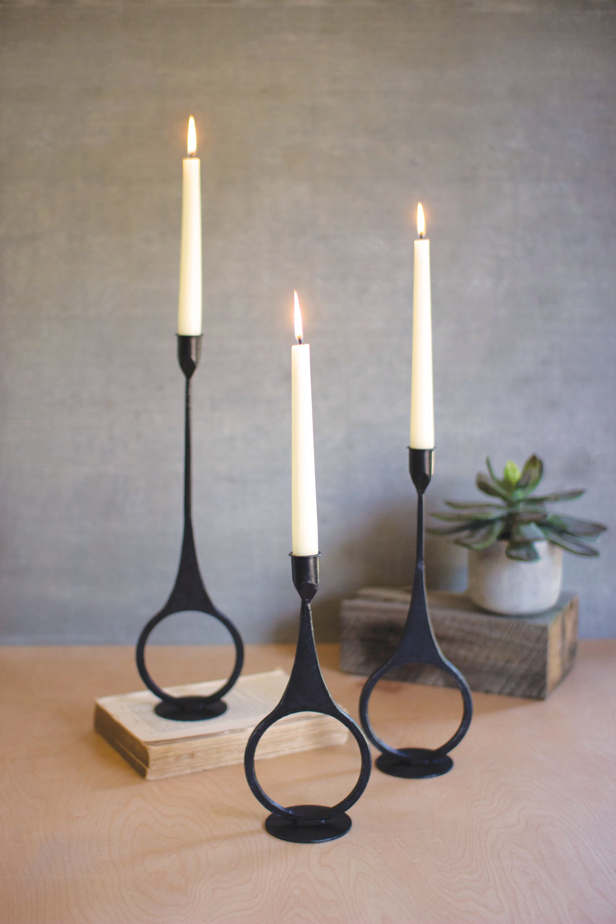 Set Of Three Cast Iron Taper Candle Holders With Ring Detail