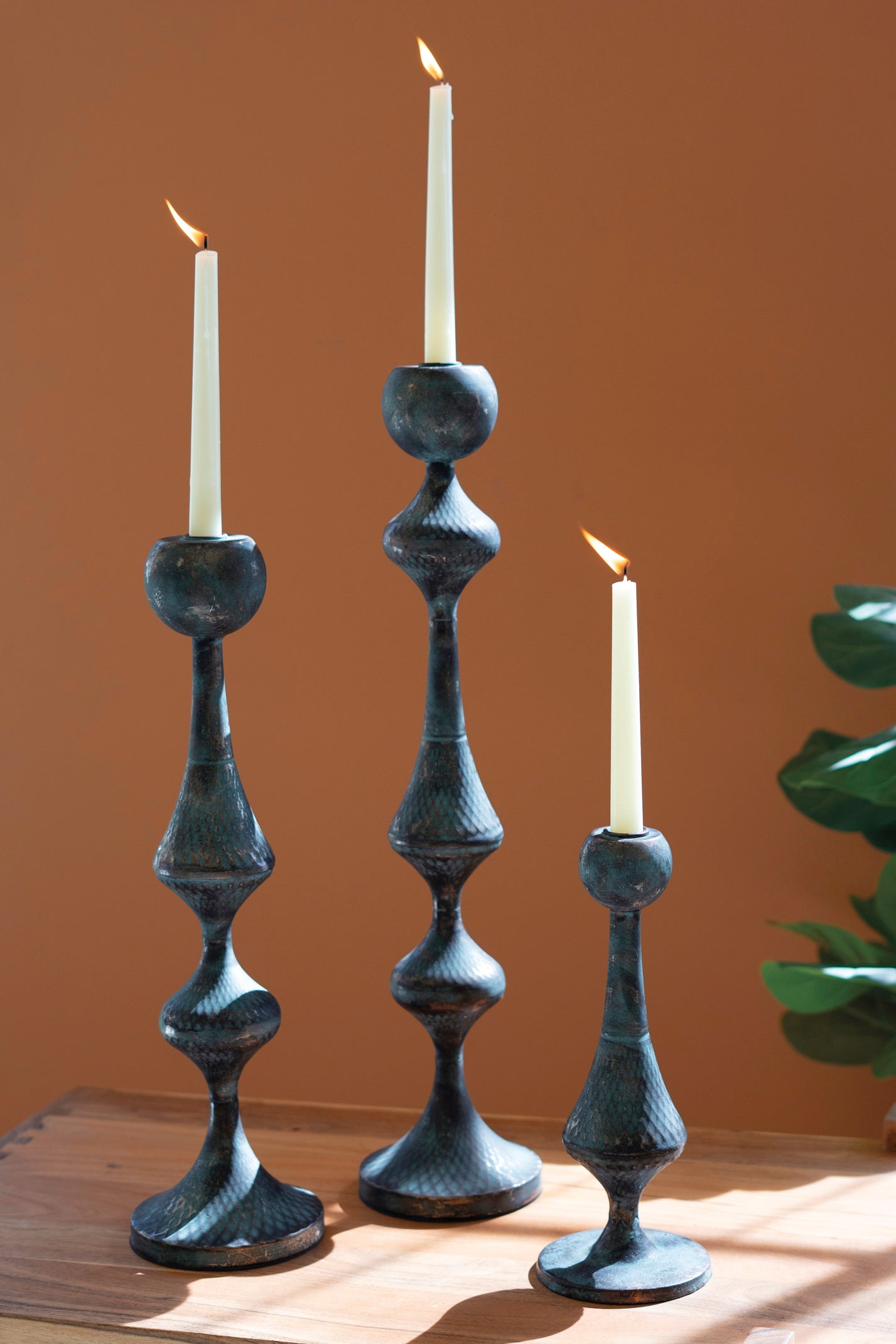 Set Of Three Rustic Patina Metal Taper Candle Holders