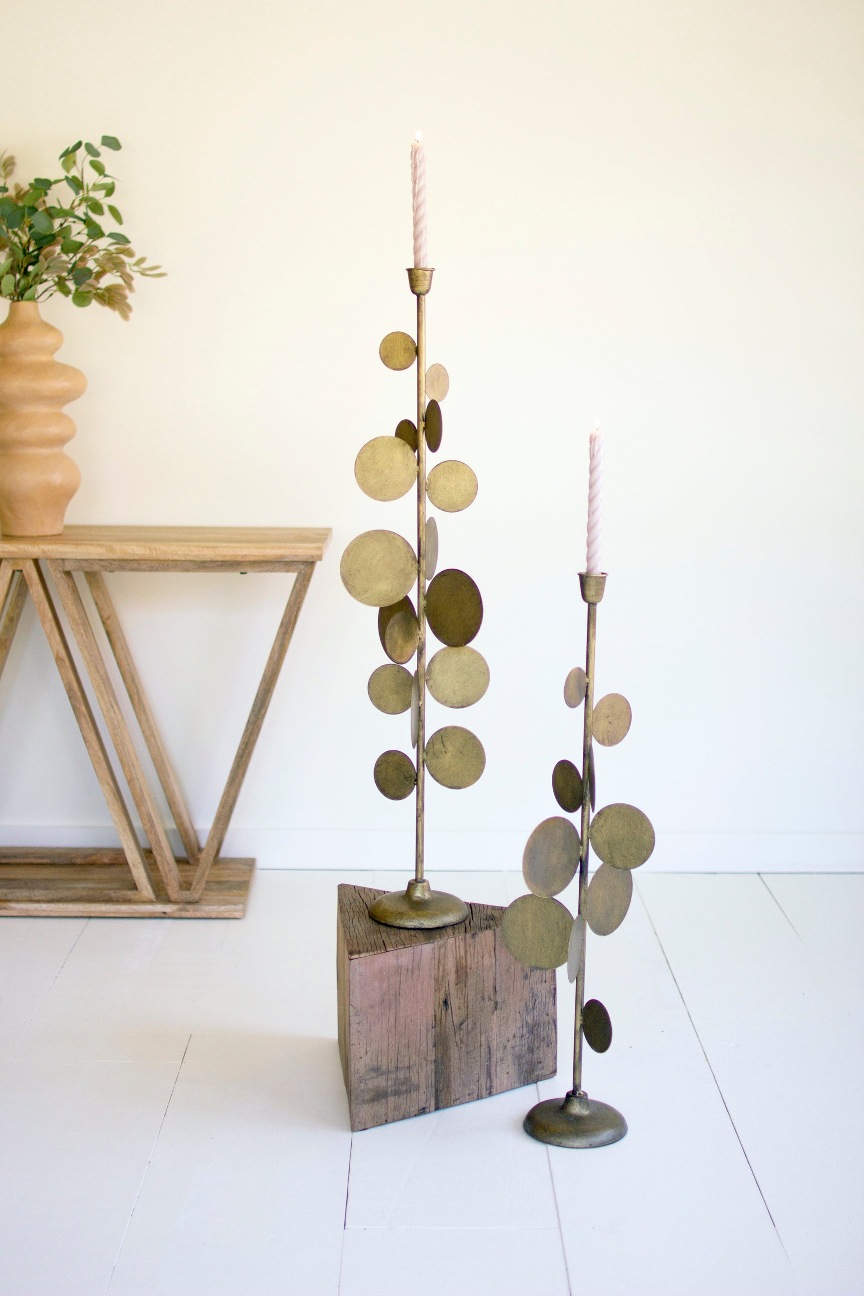 Set Of Two Antique Brass Candle Holders With Round Discs Detail