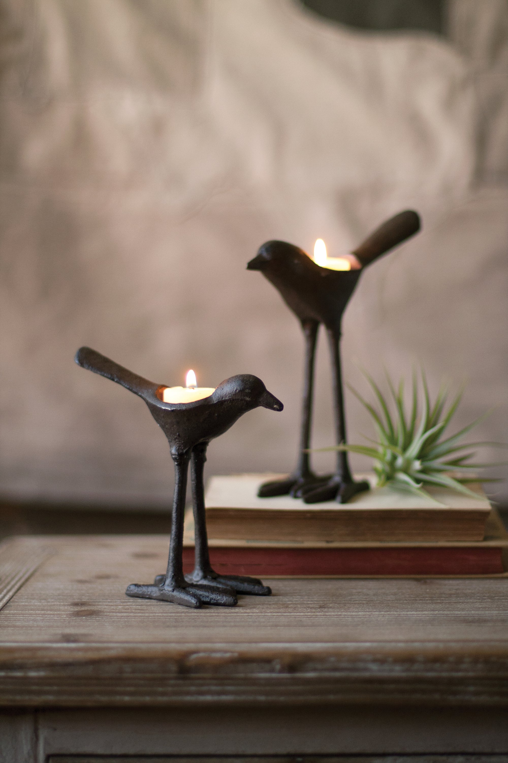 Set Of Two Cast Iron Bird Tea Light Holders