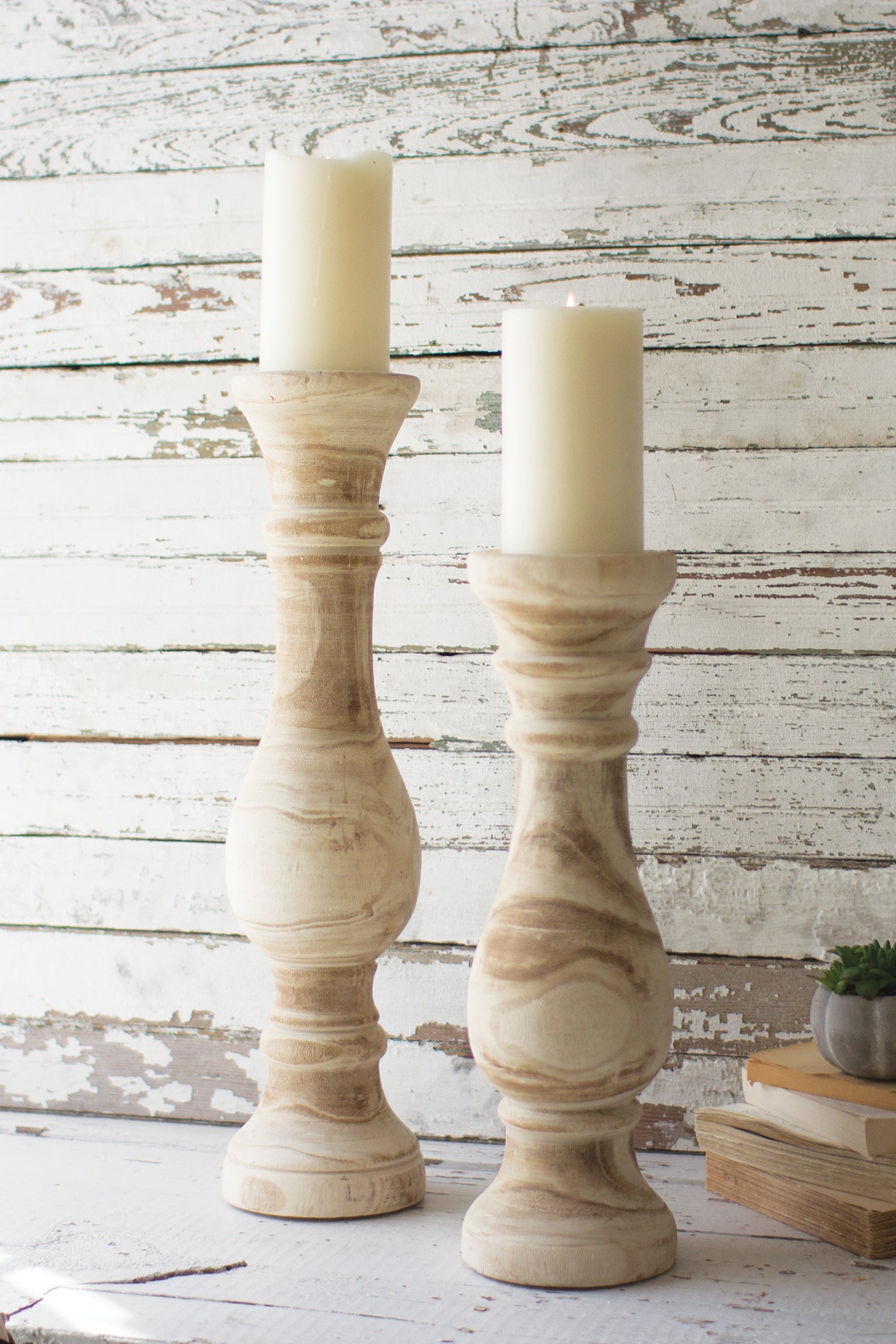 Set Of Two Beach House Hand Carved Wooden Candle Stands