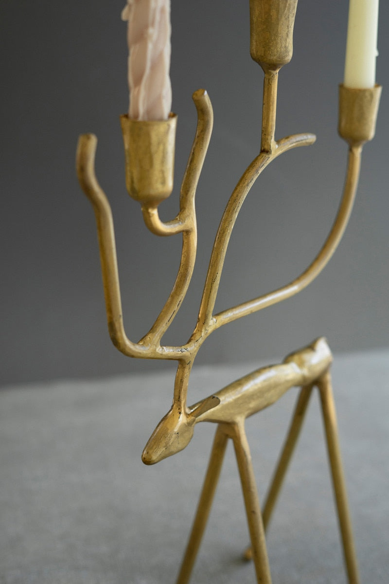 Set Of Two Forged Christmas Deer Taper Candelabras - Antique Gold