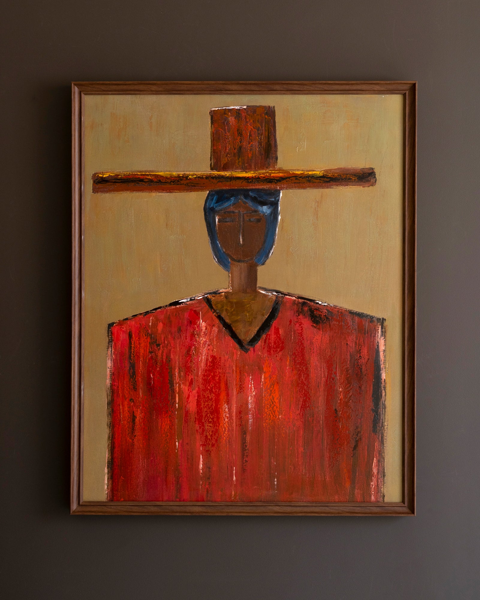 Stylized Man In Hat Southwestern Painting In Wood Frame