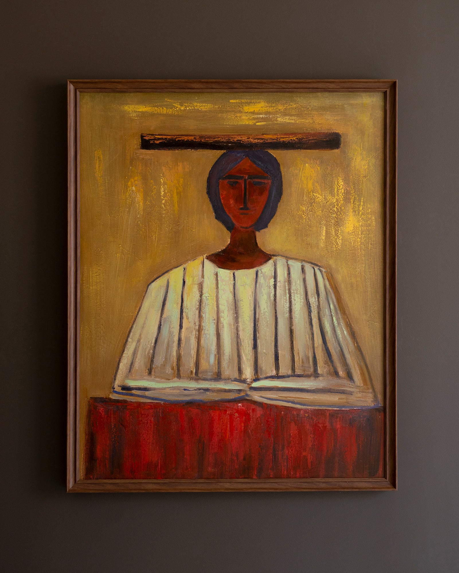 Stylized Woman In Hat Southwestern Painting In Wood Frame