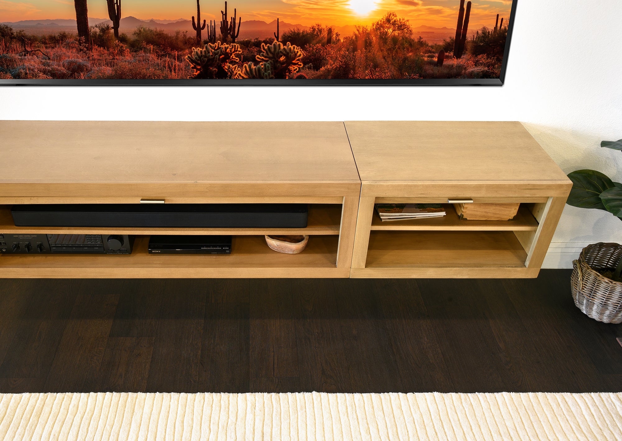 Floating TV Stand Coastal Wall Mount Entertainment Center With Bookcases - ECO GEO - Wheat