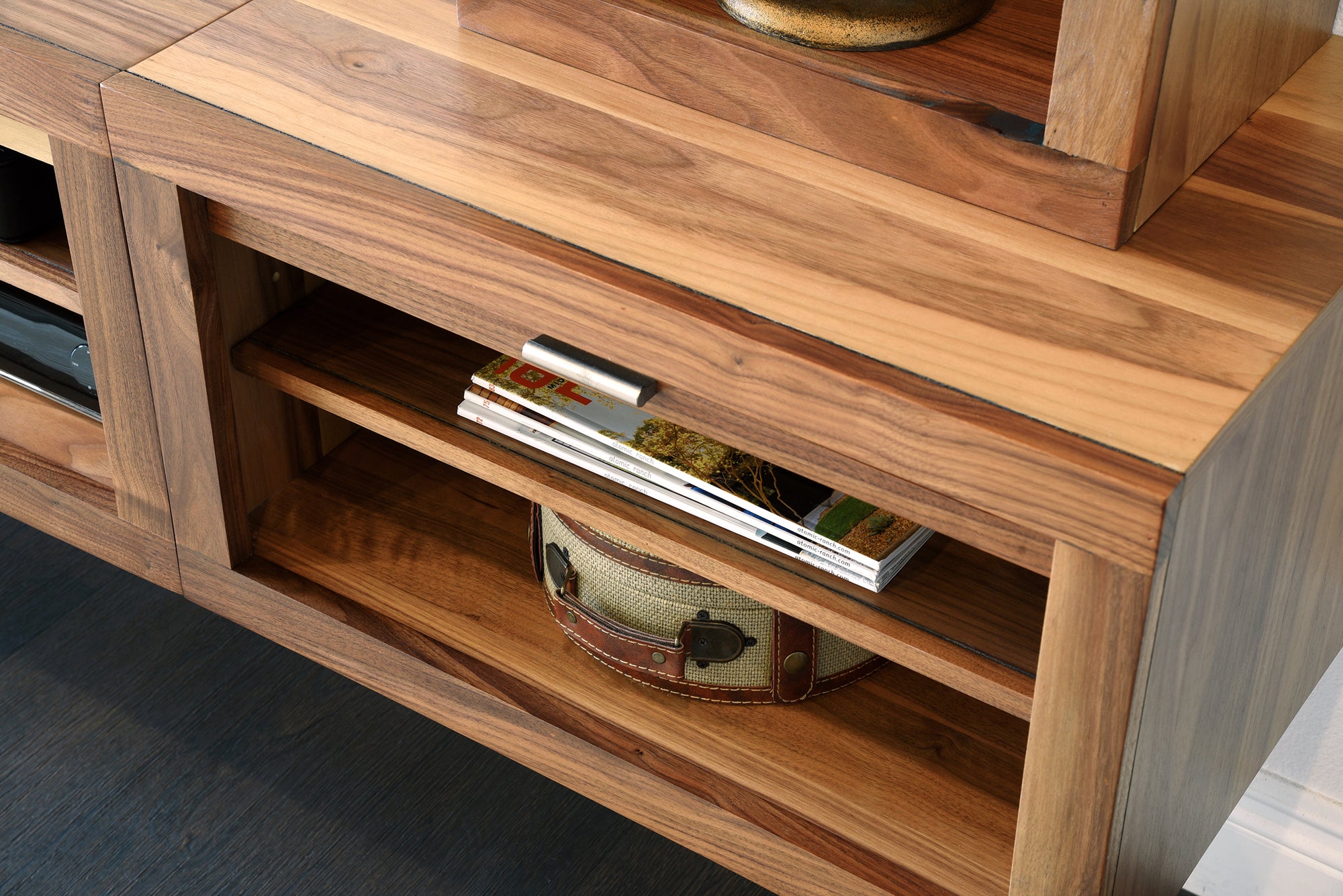 Walnut Floating TV Stand Modern Wall Mount Entertainment Center With Bookcases - ECO GEO - Walnut
