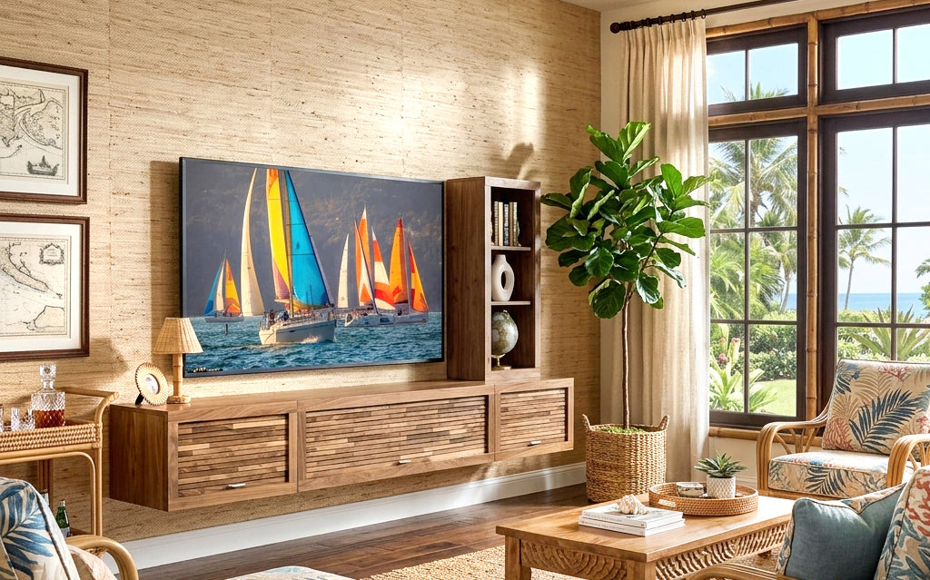 Walnut Floating TV Stand Modern Wall Mount Entertainment Center With Bookcase - ECO GEO - Walnut