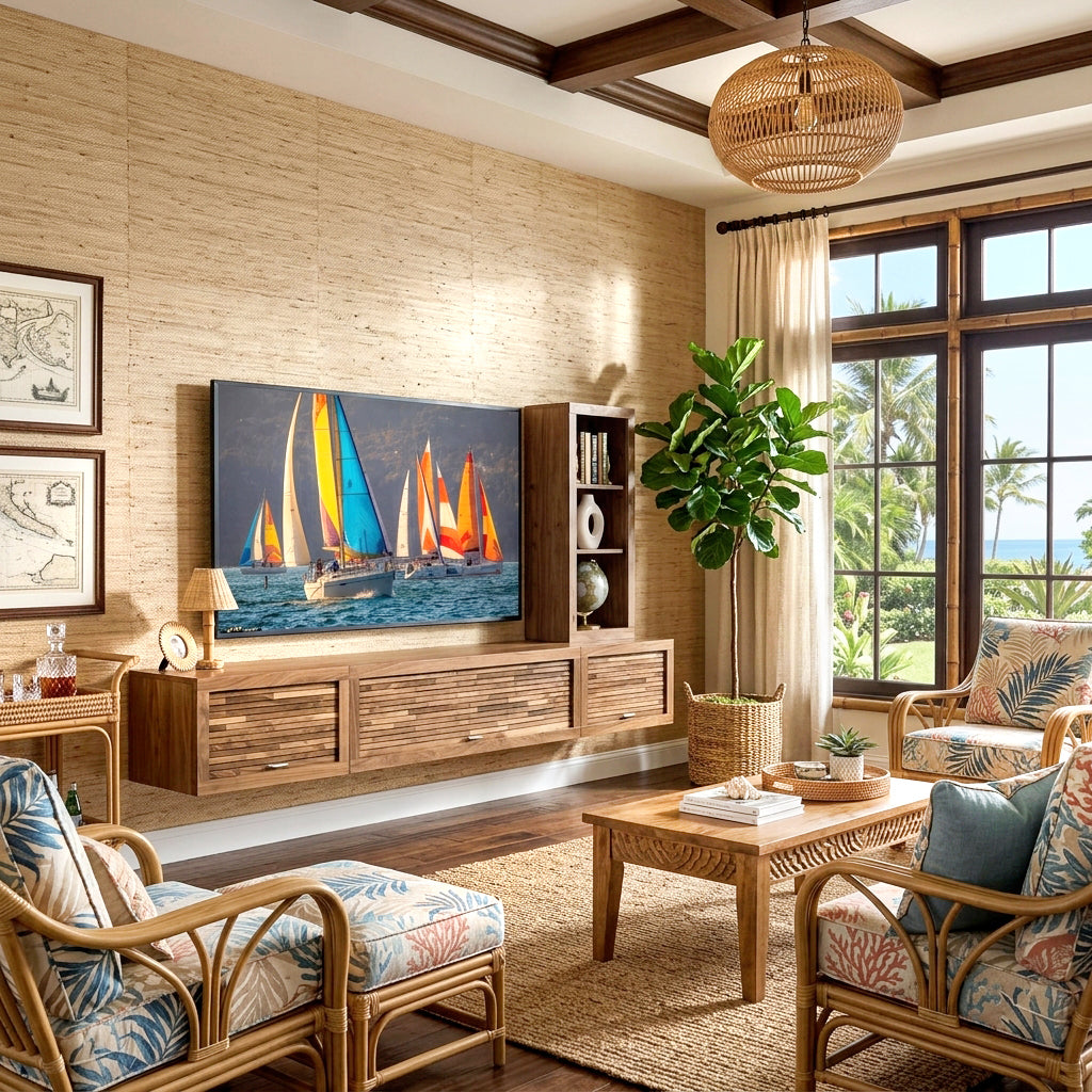 Walnut Floating TV Stand Modern Wall Mount Entertainment Center With Bookcase - ECO GEO - Walnut