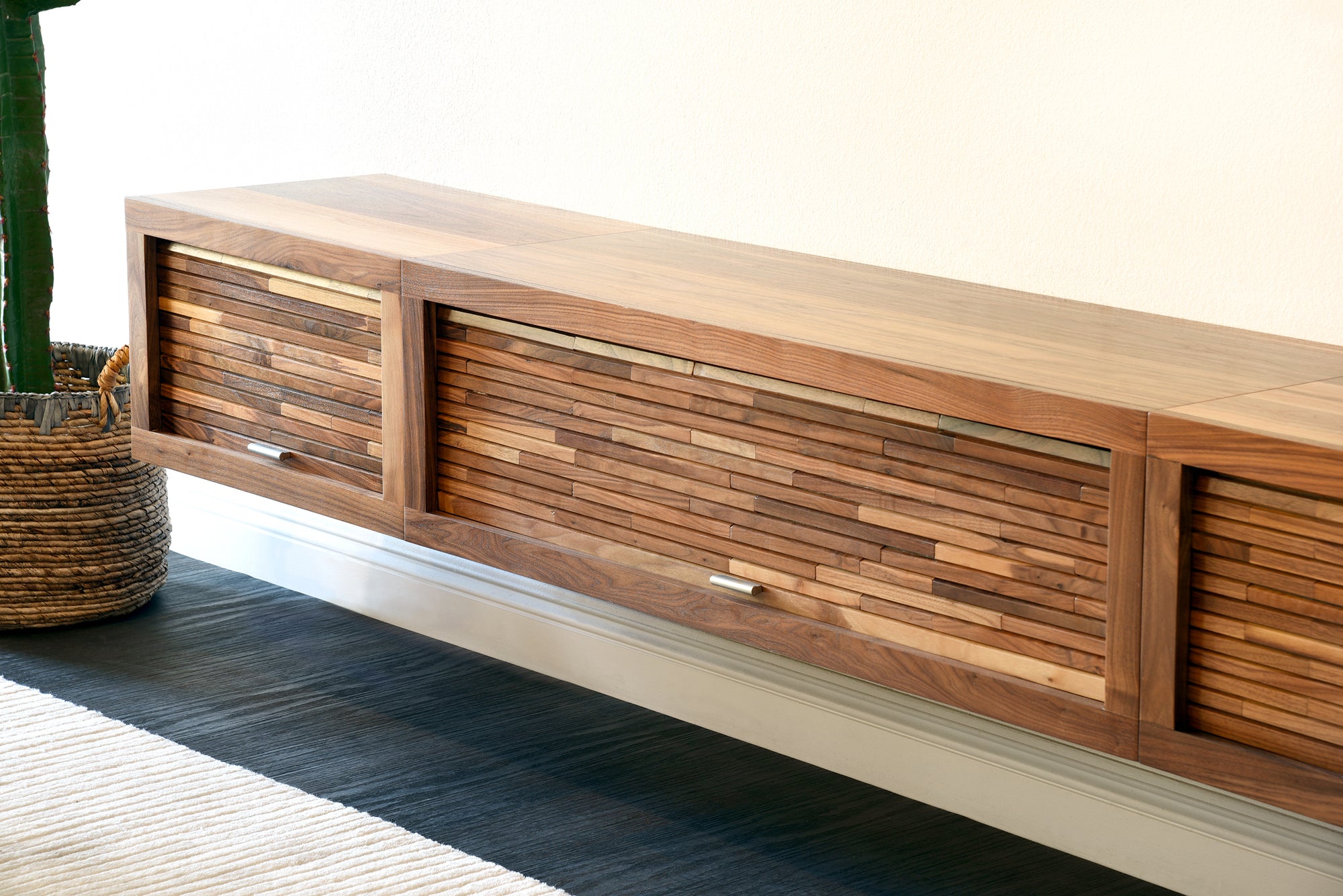Walnut Floating TV Stand Modern Wall Mount Entertainment Center With Bookcase - ECO GEO - Walnut