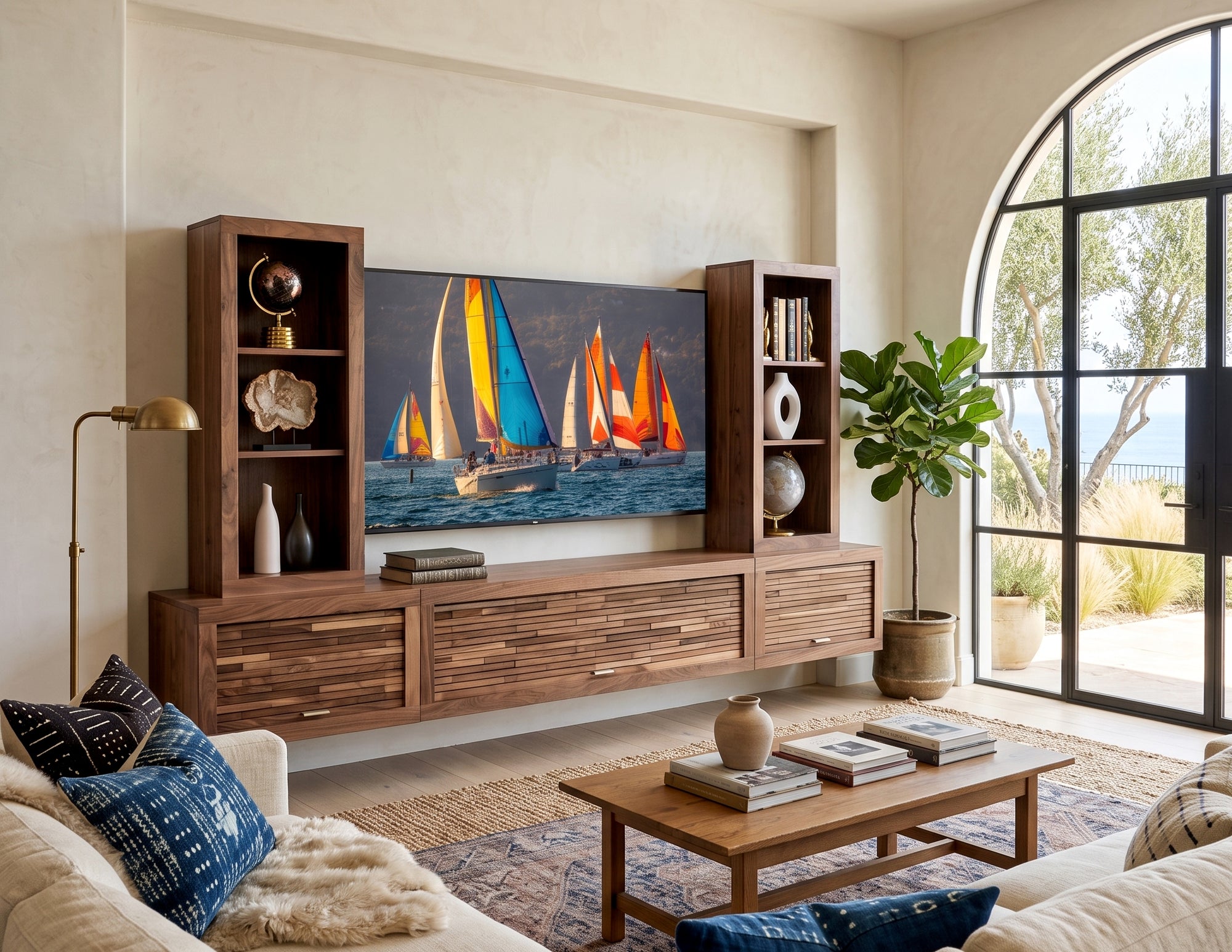 Walnut Floating TV Stand Modern Wall Mount Entertainment Center With Bookcases - ECO GEO - Walnut