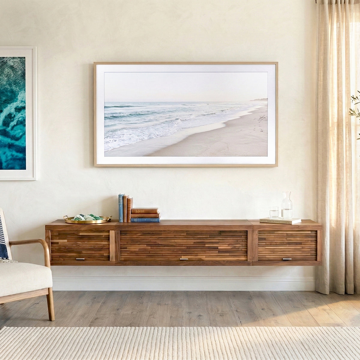 Walnut Floating TV Stand Wall Mount TV Entertainment Center Media Cons ...