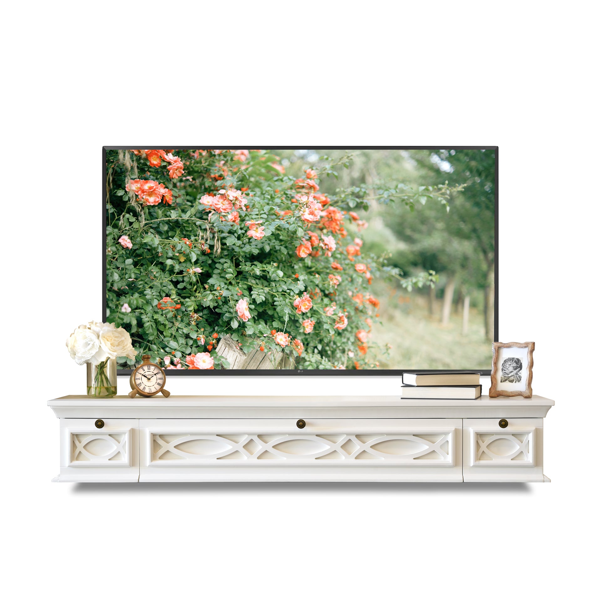 60" White Floating TV Stand Ornate Transitional Wall Mount Console Fireplace Media Mantel - Galilee - Swiss Coffee