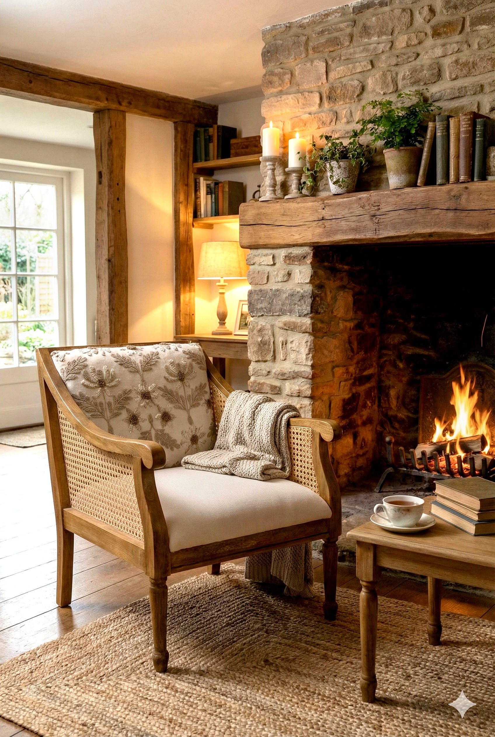 Wood & Cane Arm Chair With Embroidery Back