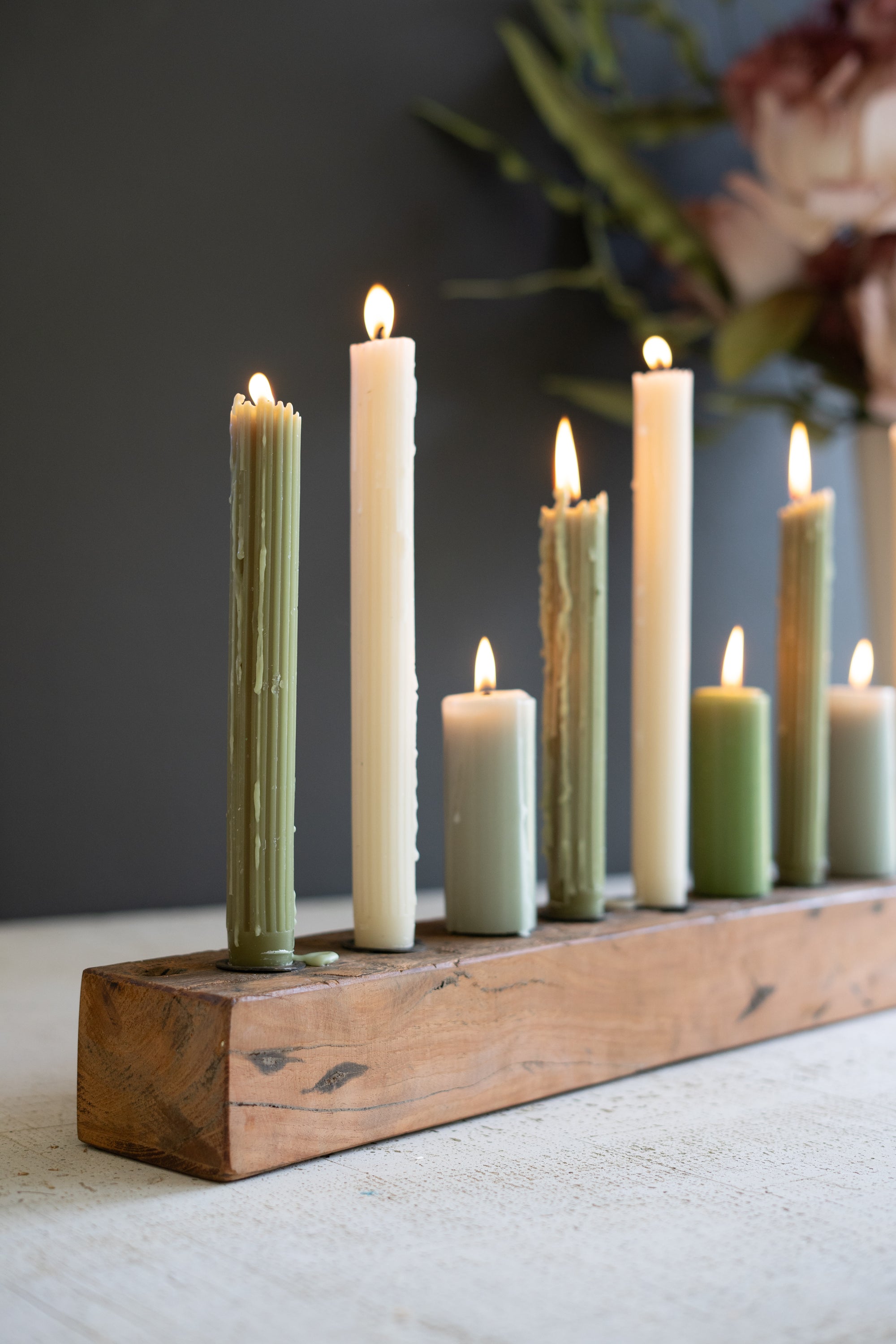 Rustic Wood Nine Taper Candle Holder Centerpiece