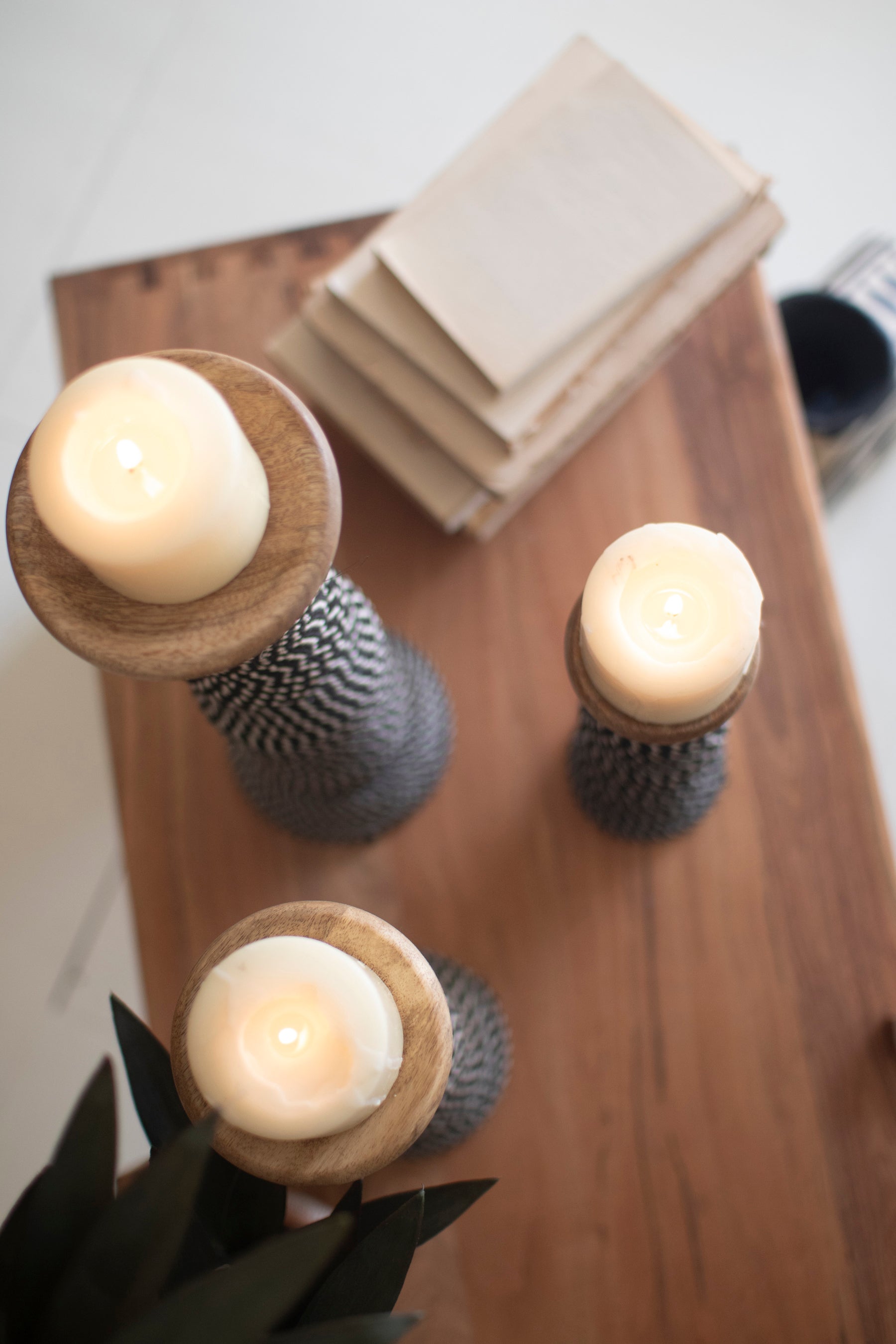 Set Of 3 Wooden Candle Holders With Black & White String