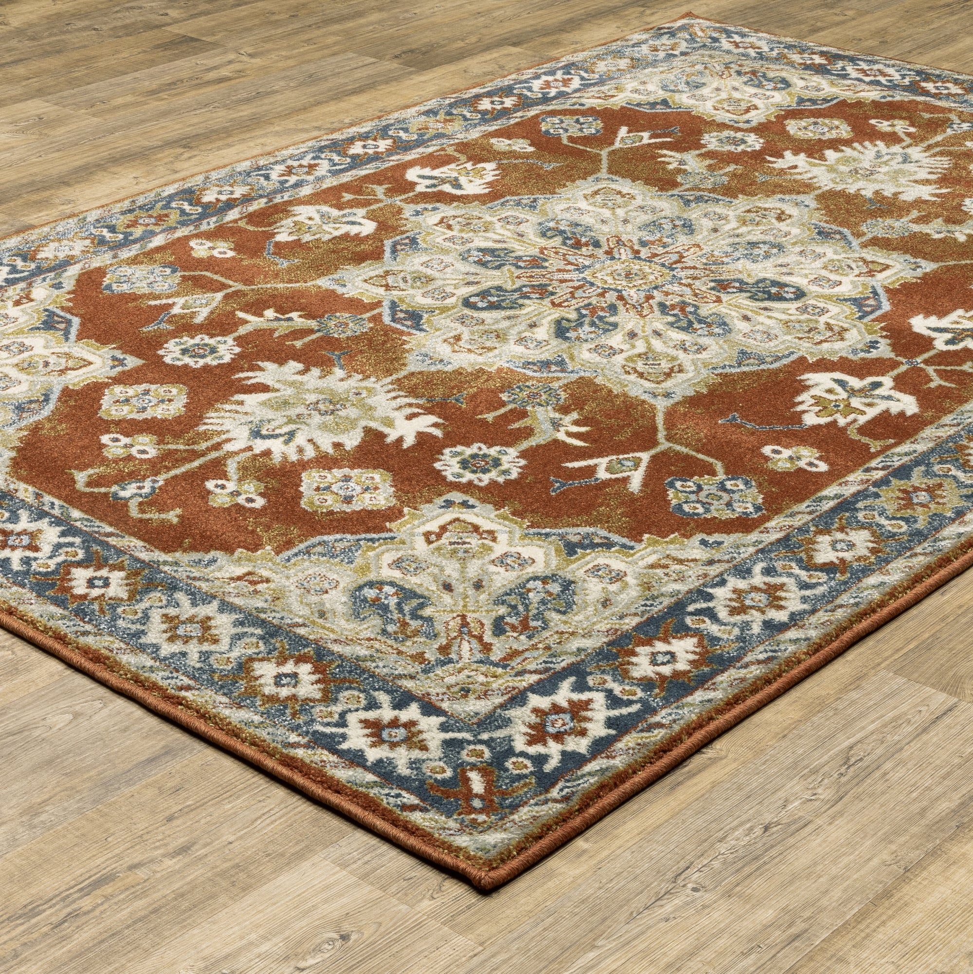 Rust Beige Teal Blue and Gold Traditional Vintage Bohemian Area Rug