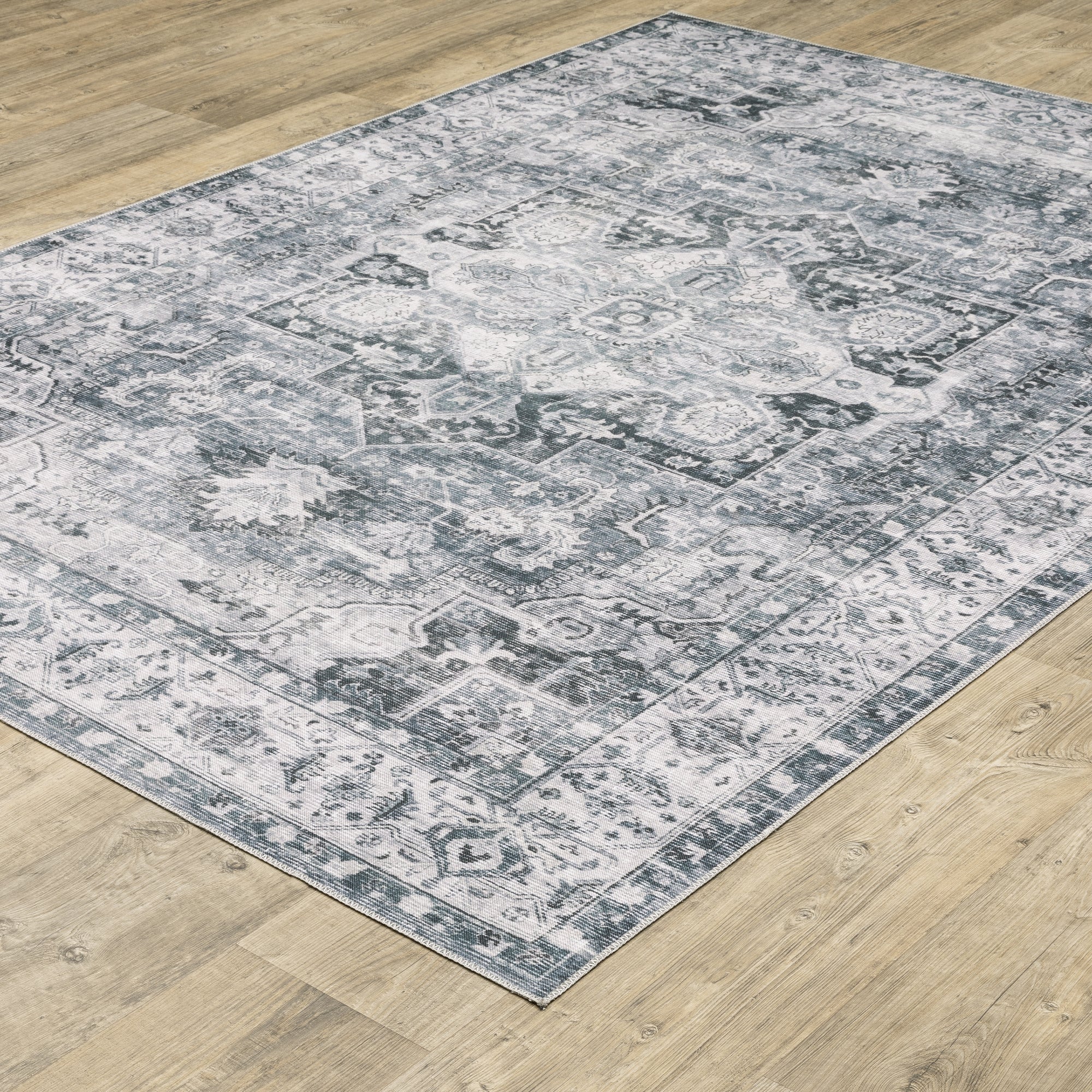 Navy Blue Ivory Grey Traditional Vintage Bohemian Area Rug