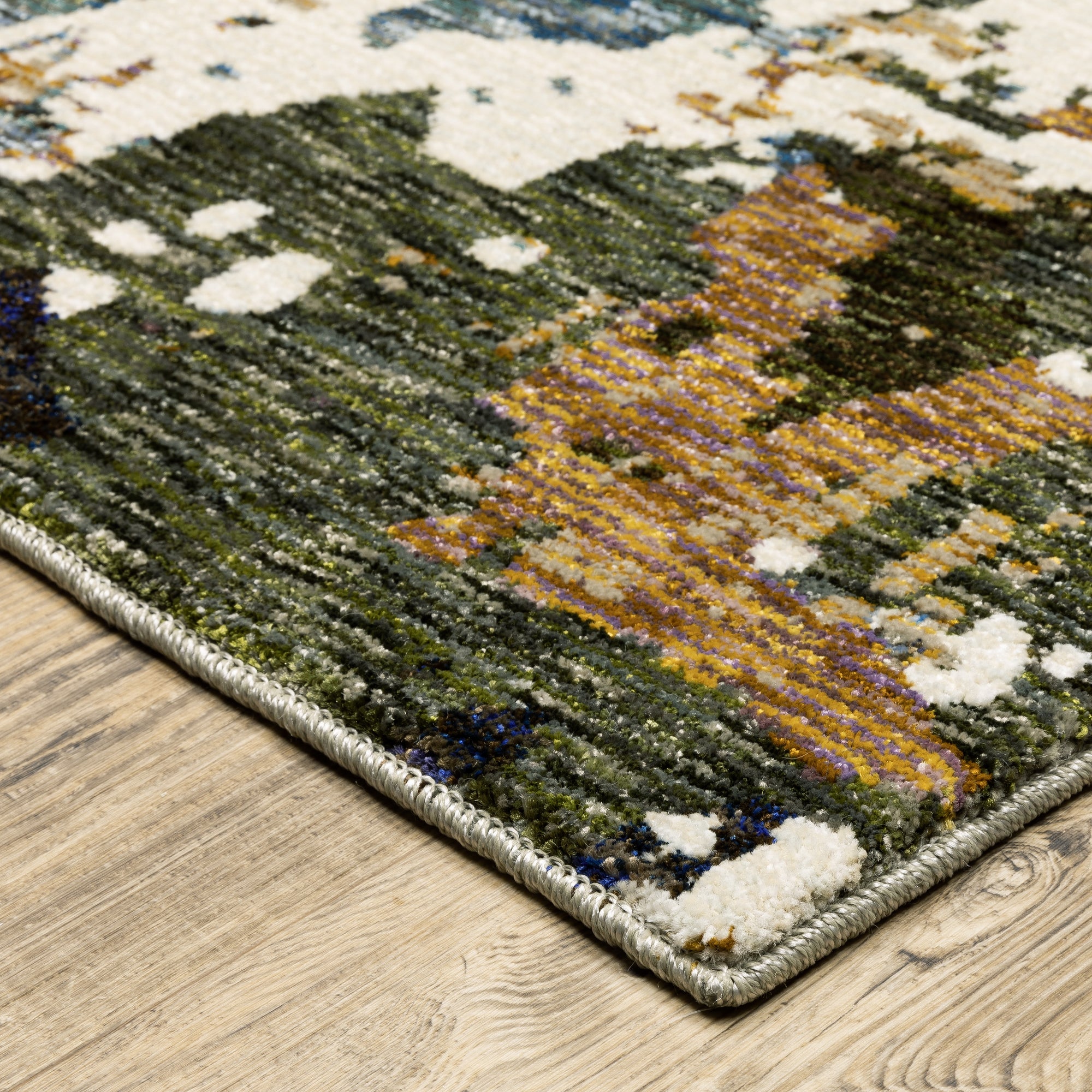 Ivory Green Gold Blue Industrial Contemporary  Area Rug
