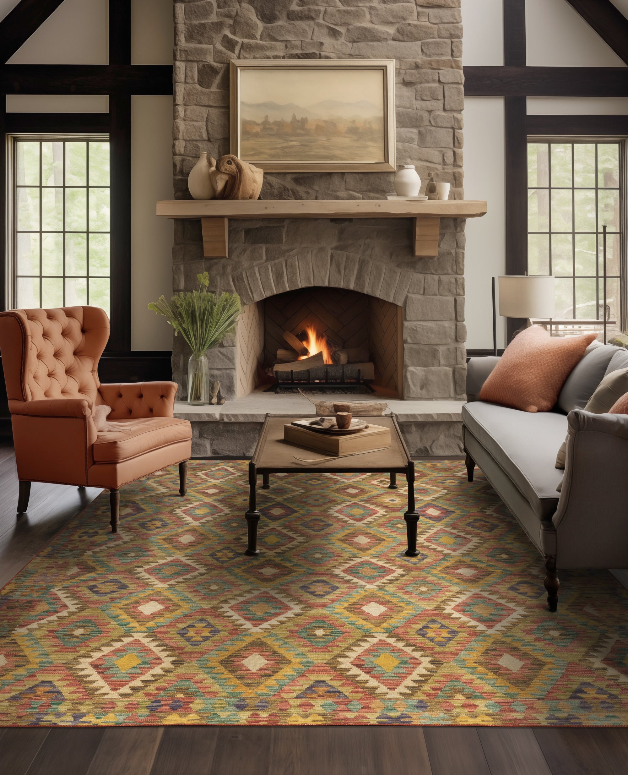 Gold Orange Brown Red Green Purple Beige Southwestern Tribal  Area Rug
