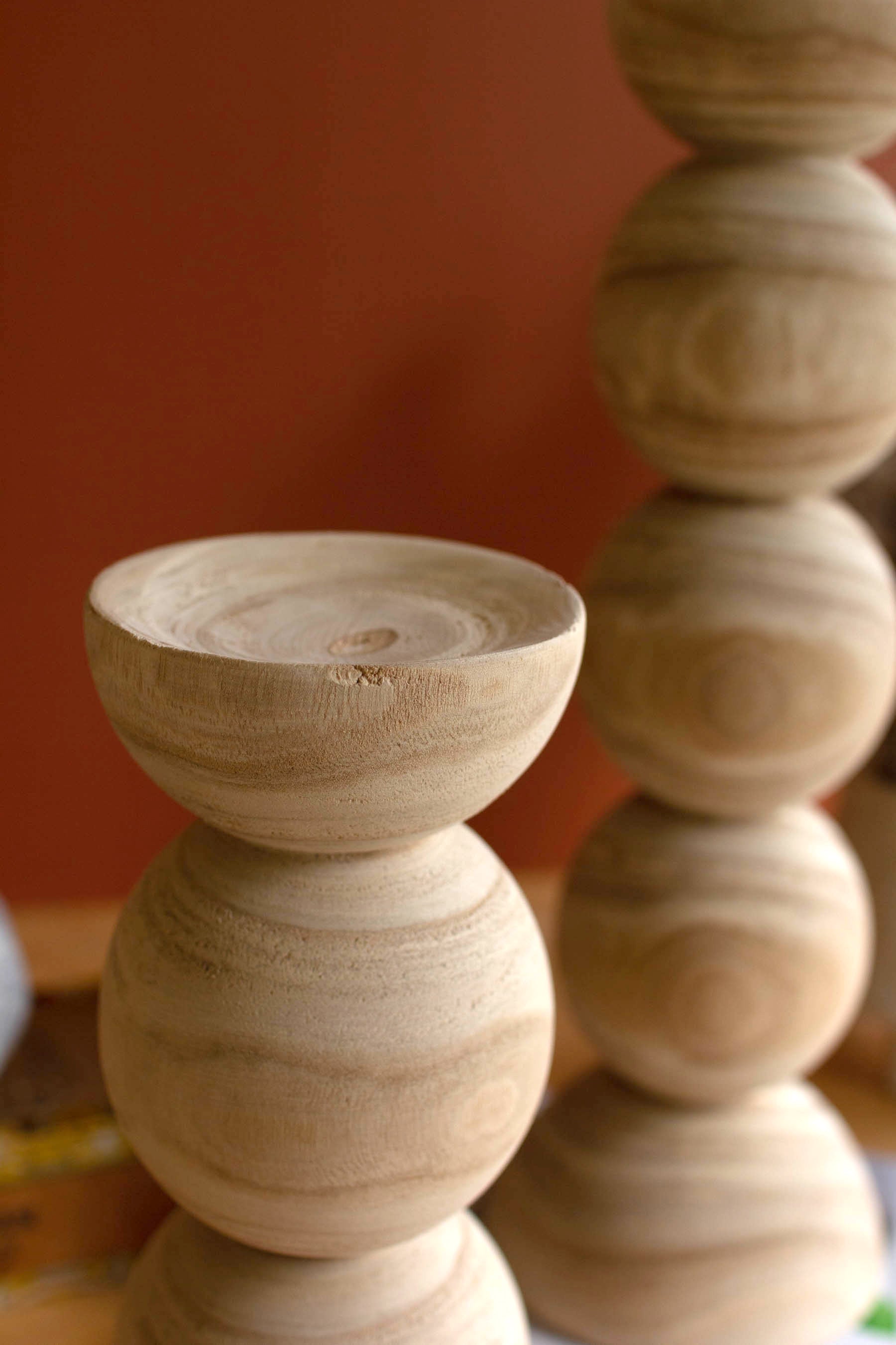 Set Of Two Hand Carved Wooden Stacked Ball Candle Holders