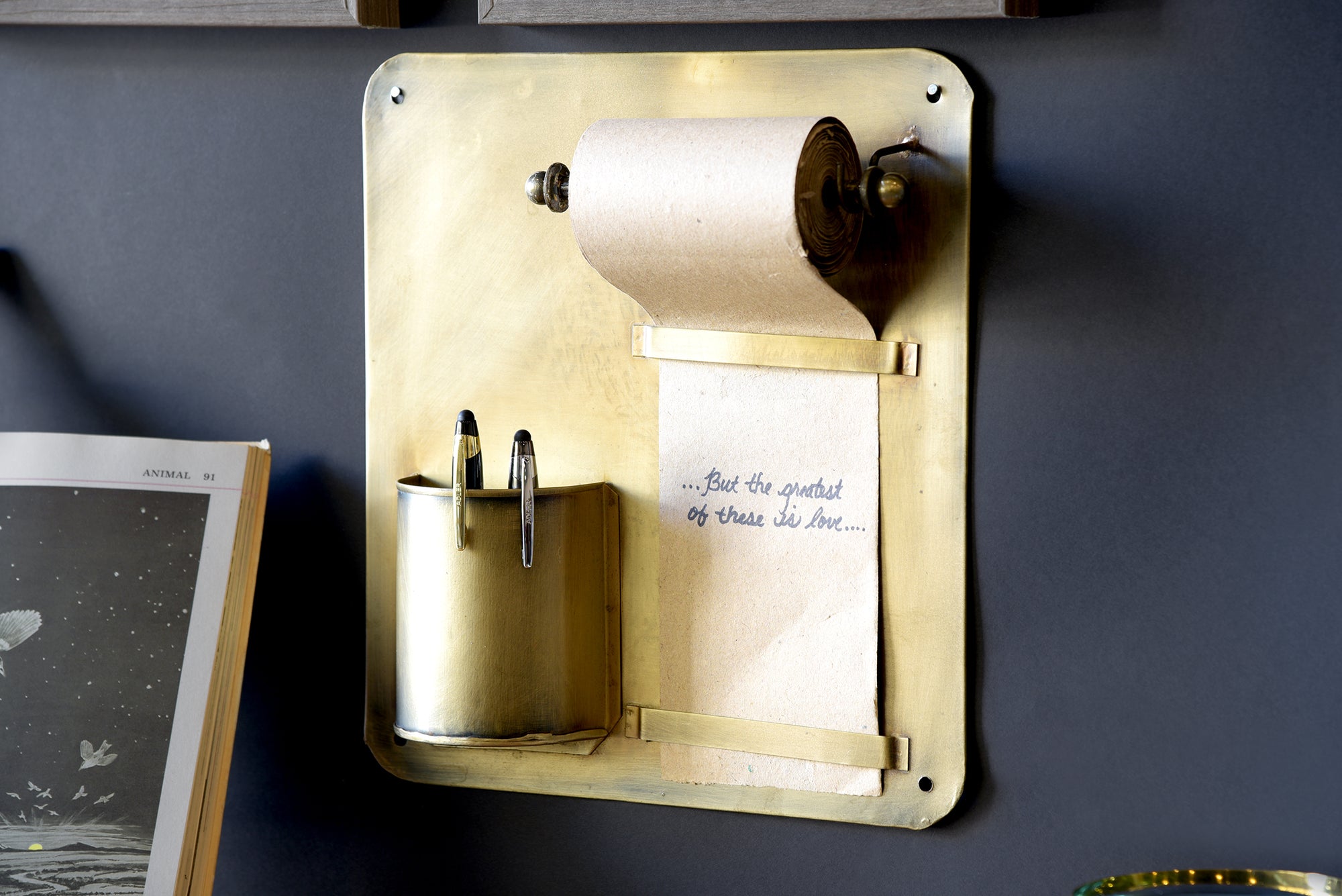 Aged Brass Hanging Wall Mount Pencil Pen Holder Note Roll - Woodwaves