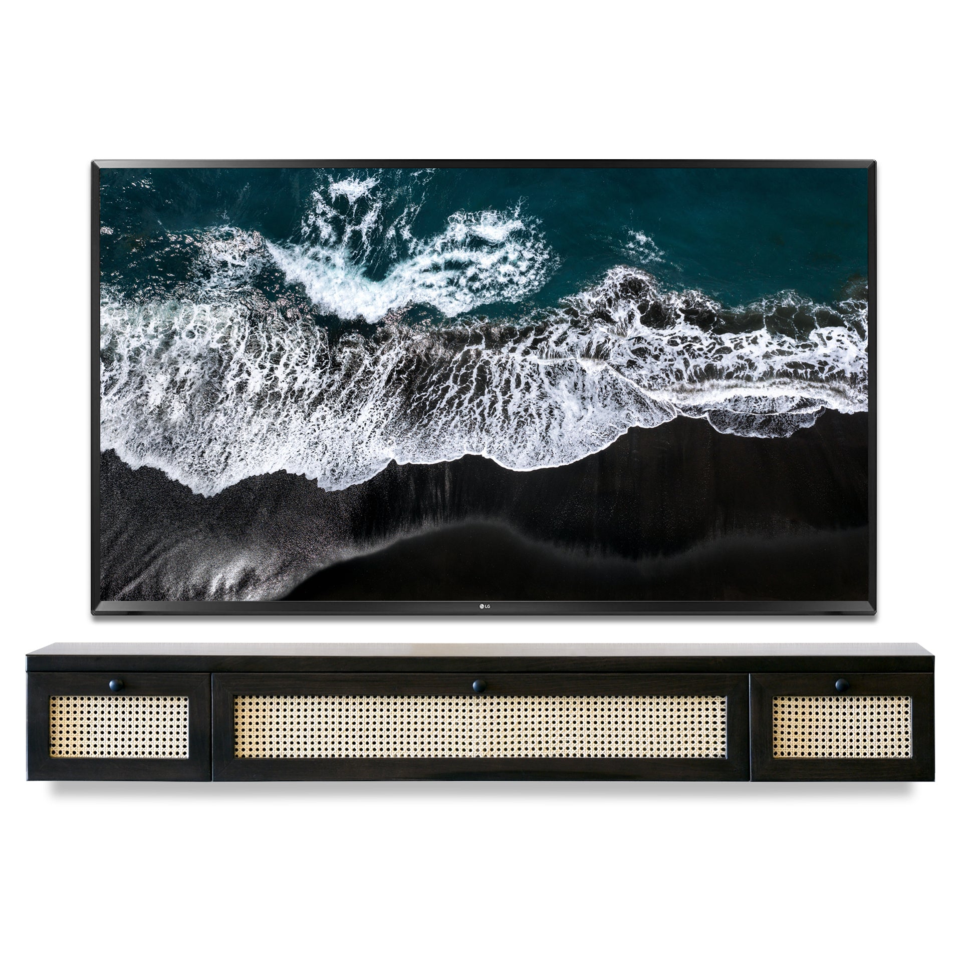 Midnight Sky Black Cane Floating TV Stand Rattan Wicker Console - Sugar Cane