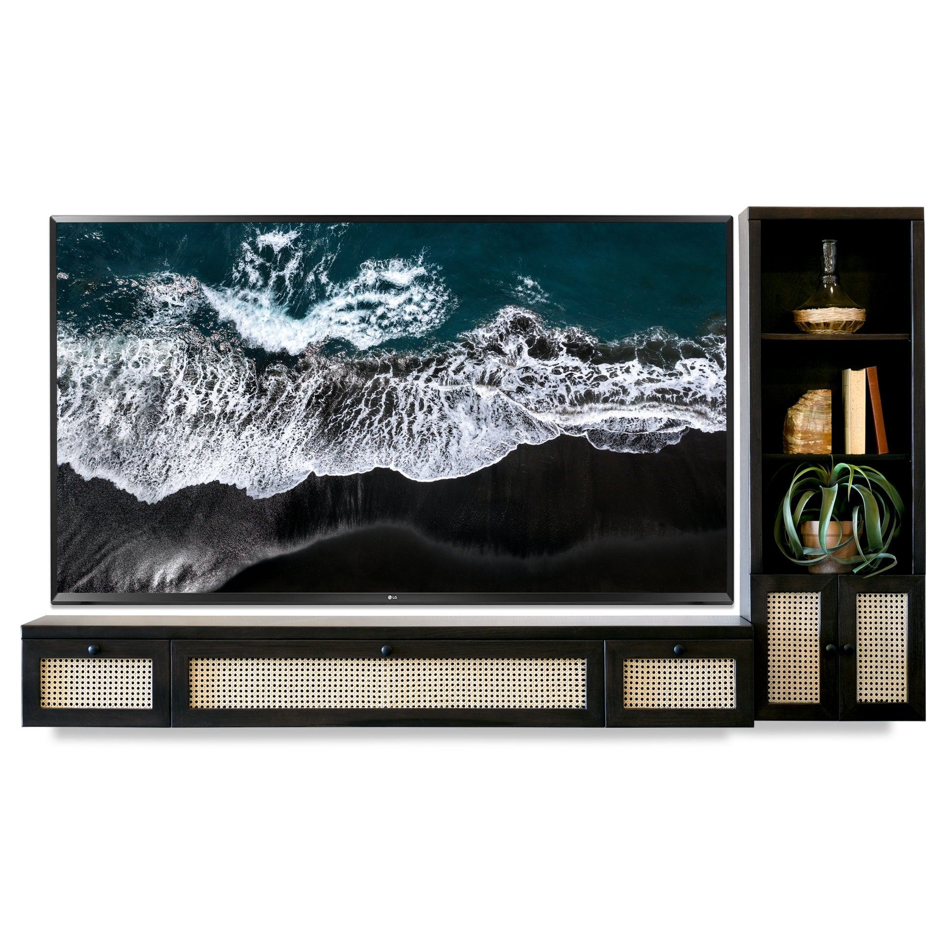 Midnight Sky Black Floating TV Stand Cane Boho Console With Bookcase - Sugar Cane