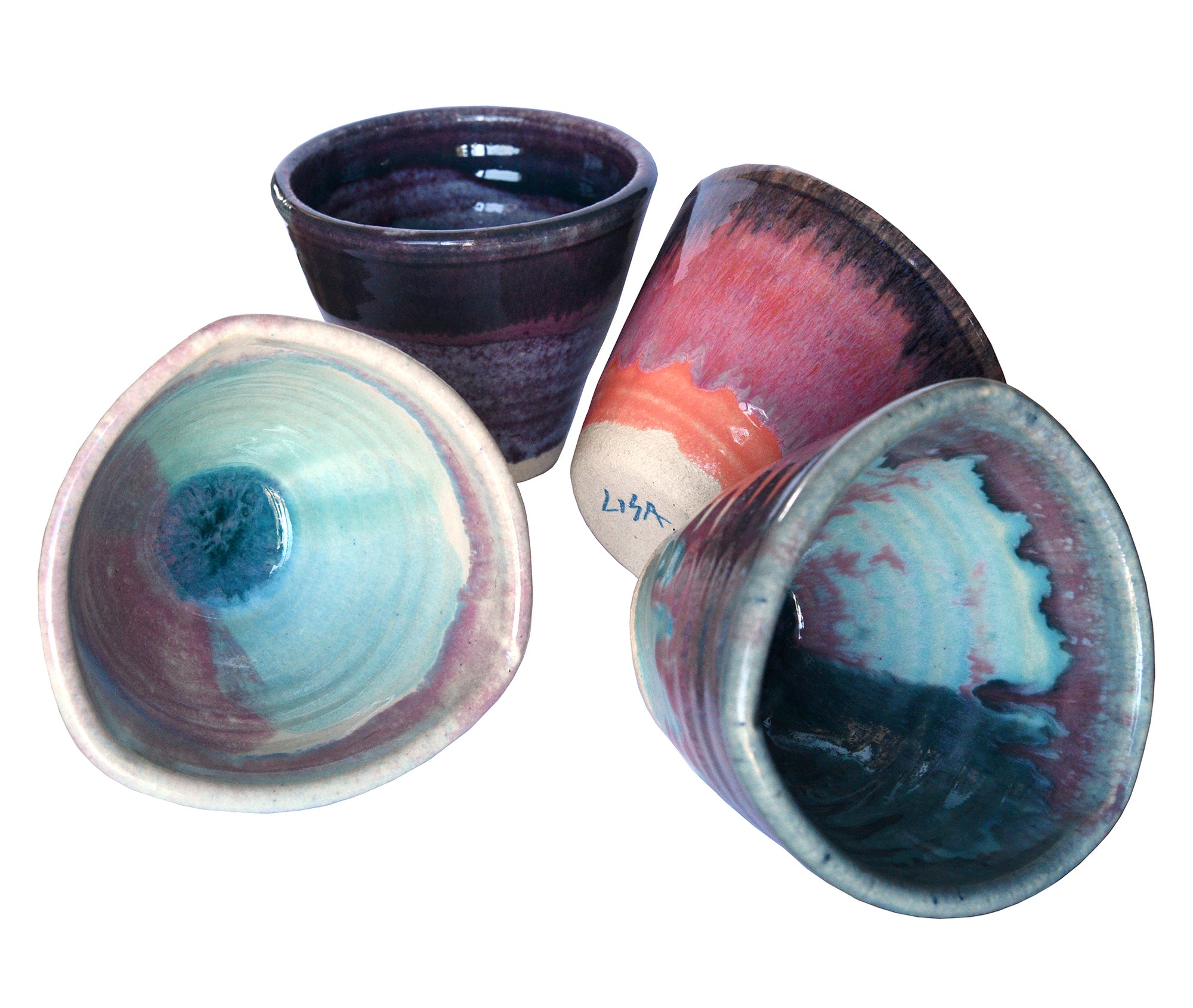 Boho Handmade Pottery Coffee Mugs Tea - Pink Blue White Purple - Set of 4