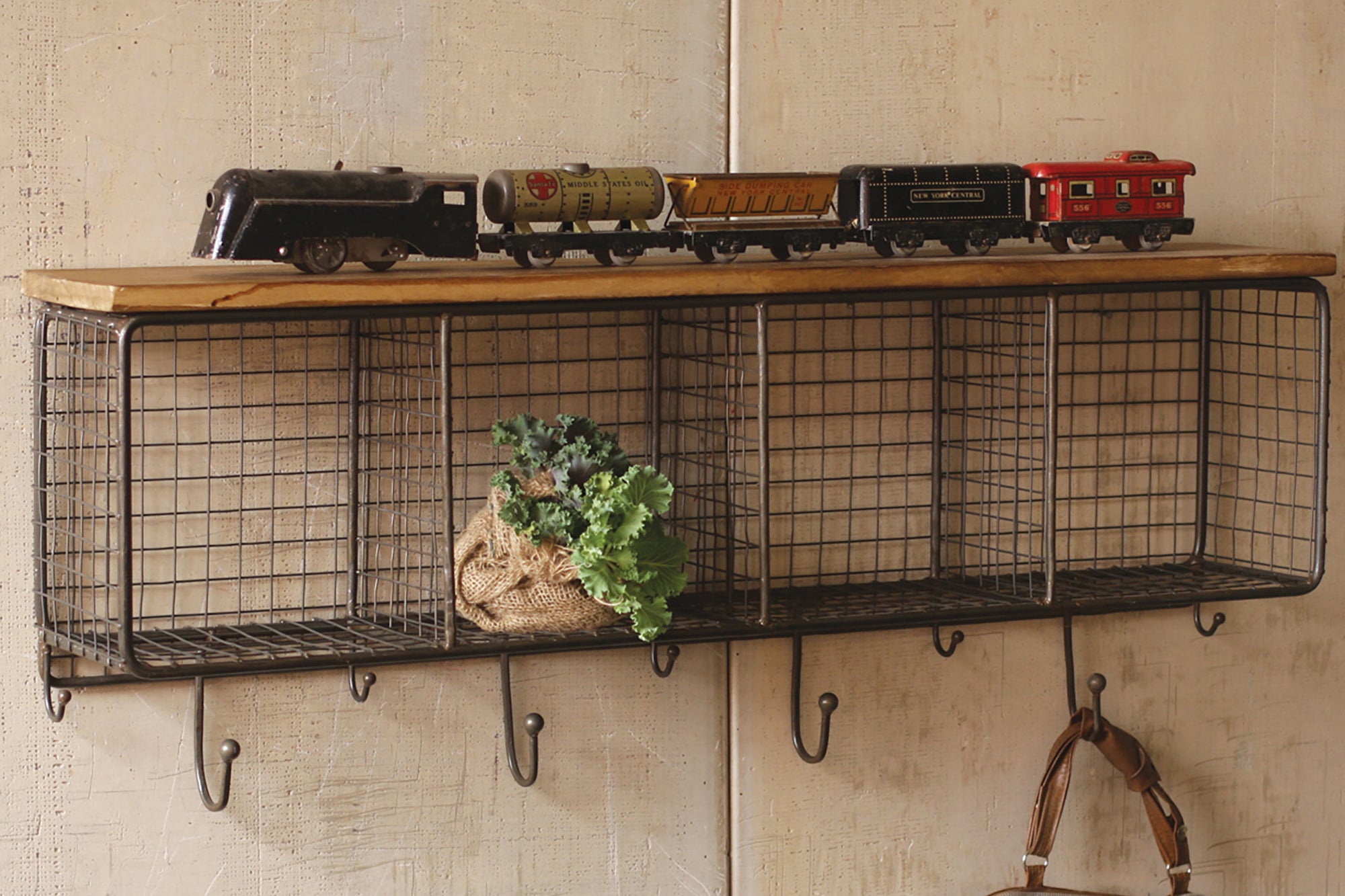 Industrial Modern Cage Wall Cubbies and Top Shelf