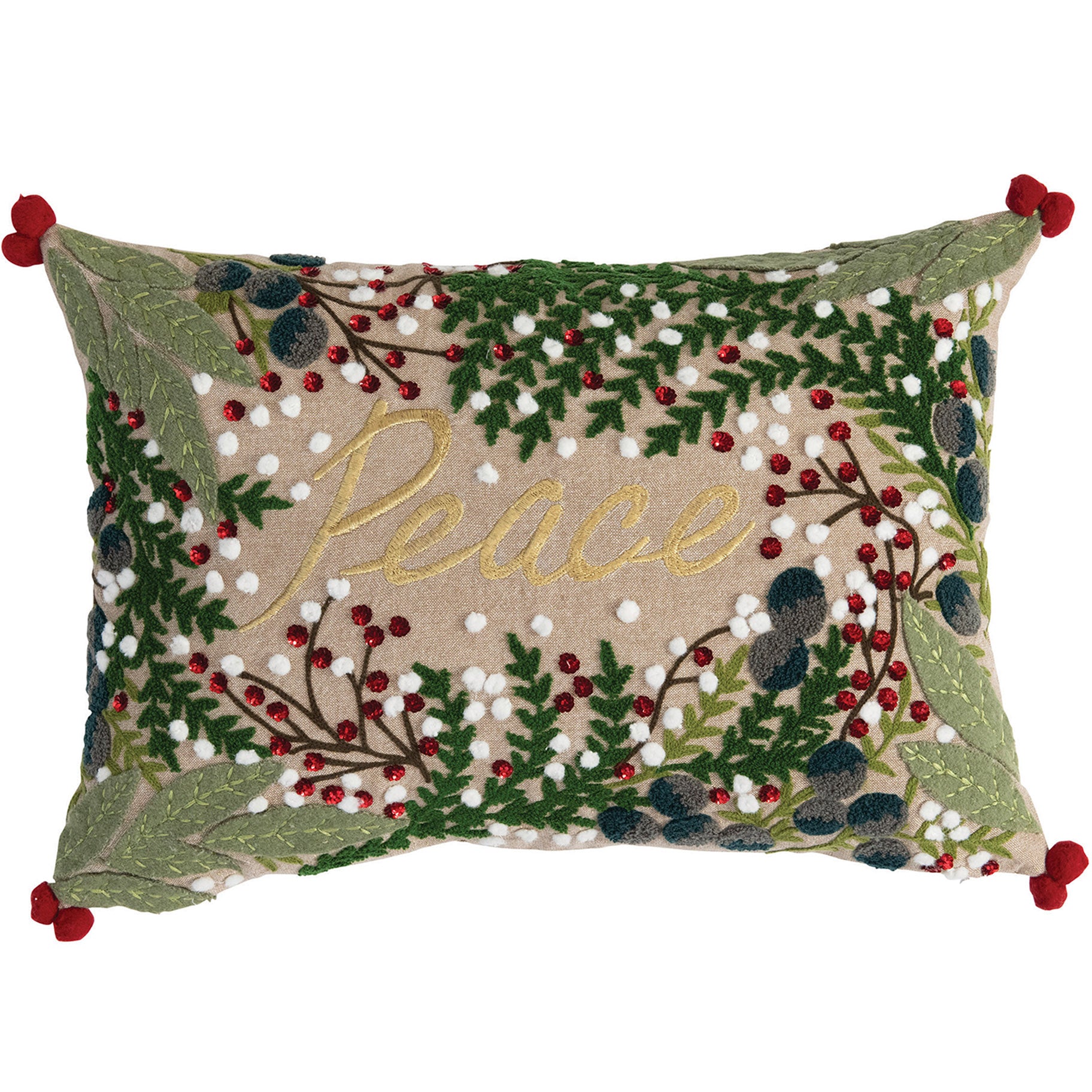 Chambray Christmas Lumbar Pillow Embroidered Peace - Woodwaves