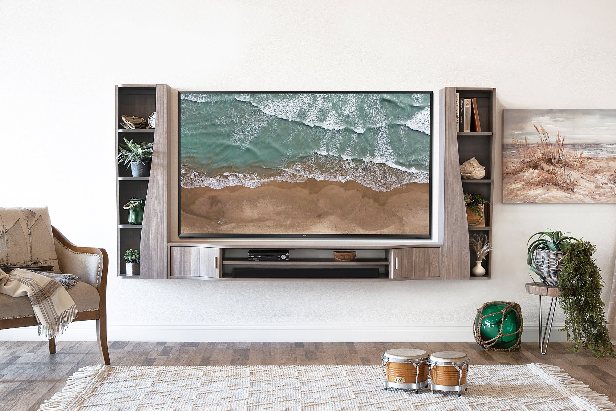 Handcrafted 94" Modern Curved Floating TV Stand Wall Mount Media Console - Mojave - Gray