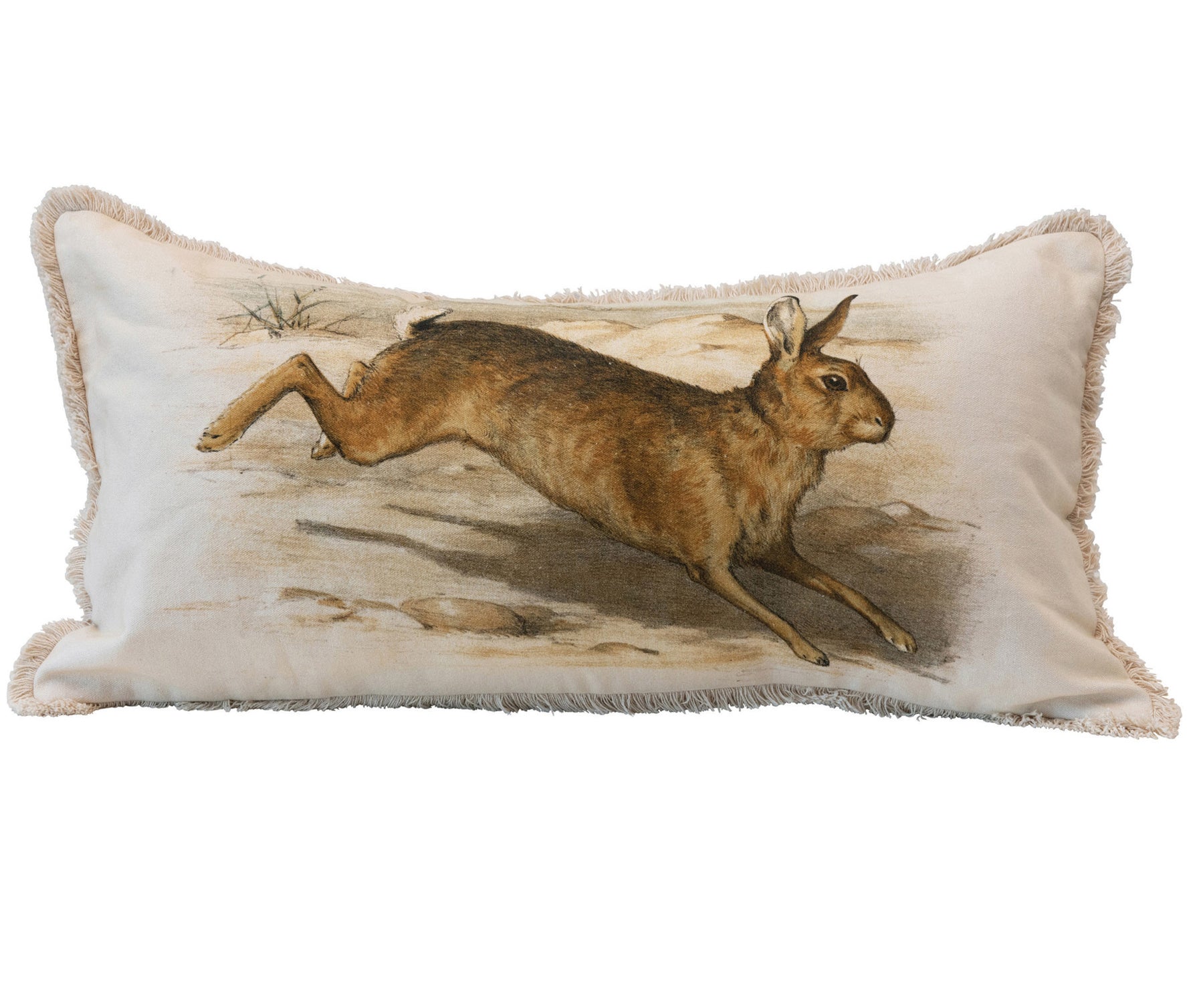 Cotton Lumbar Pillow With Rabbit & Fringe