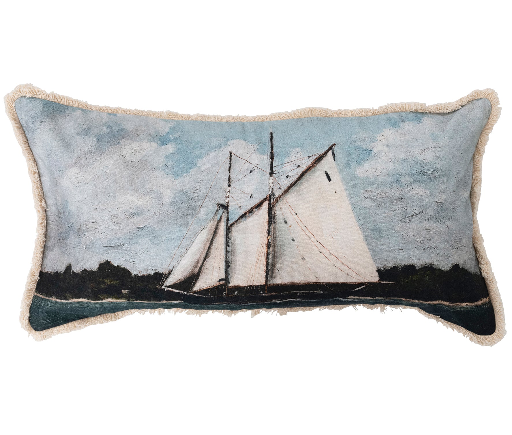 Cotton Lumbar Pillow With Sailboat & Fringe