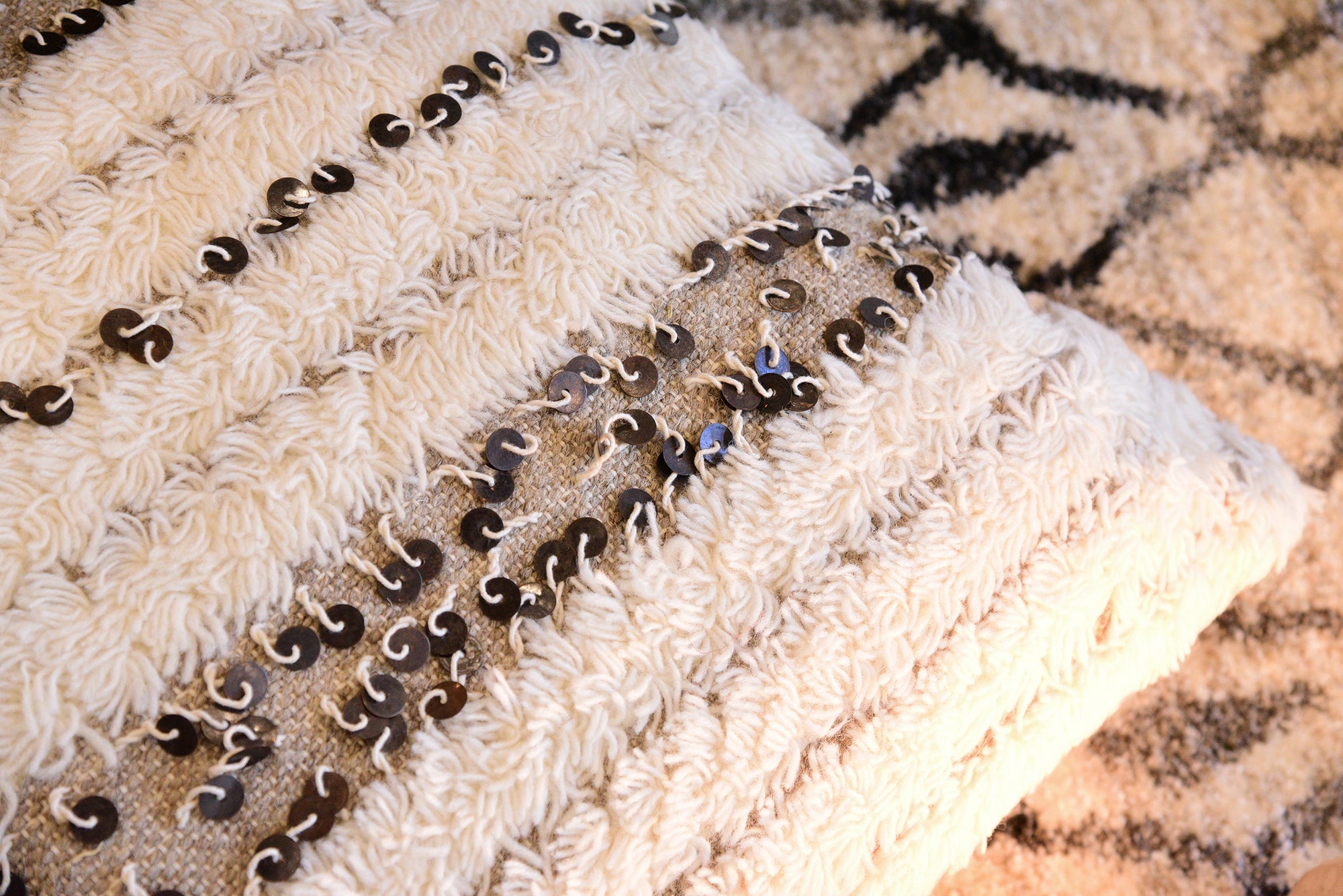 Modern Beige Shag Pillow With Metal Accents
