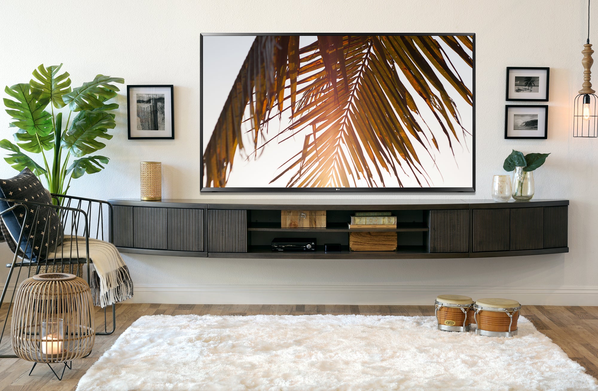 Handcrafted 108" Curved Gray Floating TV Stand Wall Mount Entertainment Center Console - Arc - Greystone