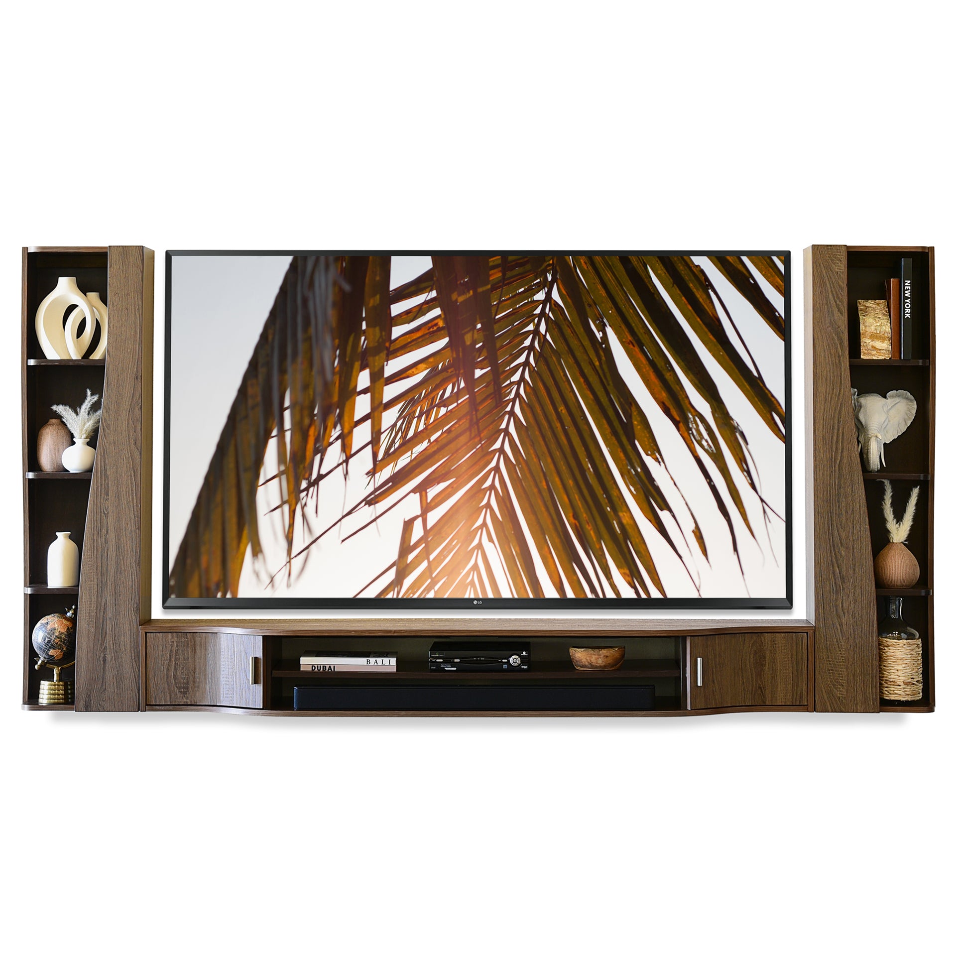 Handcrafted 94" Fully Assembled Modern Curved Floating TV Stand Wall Mount Entertainment Center - Mojave - Dark Walnut