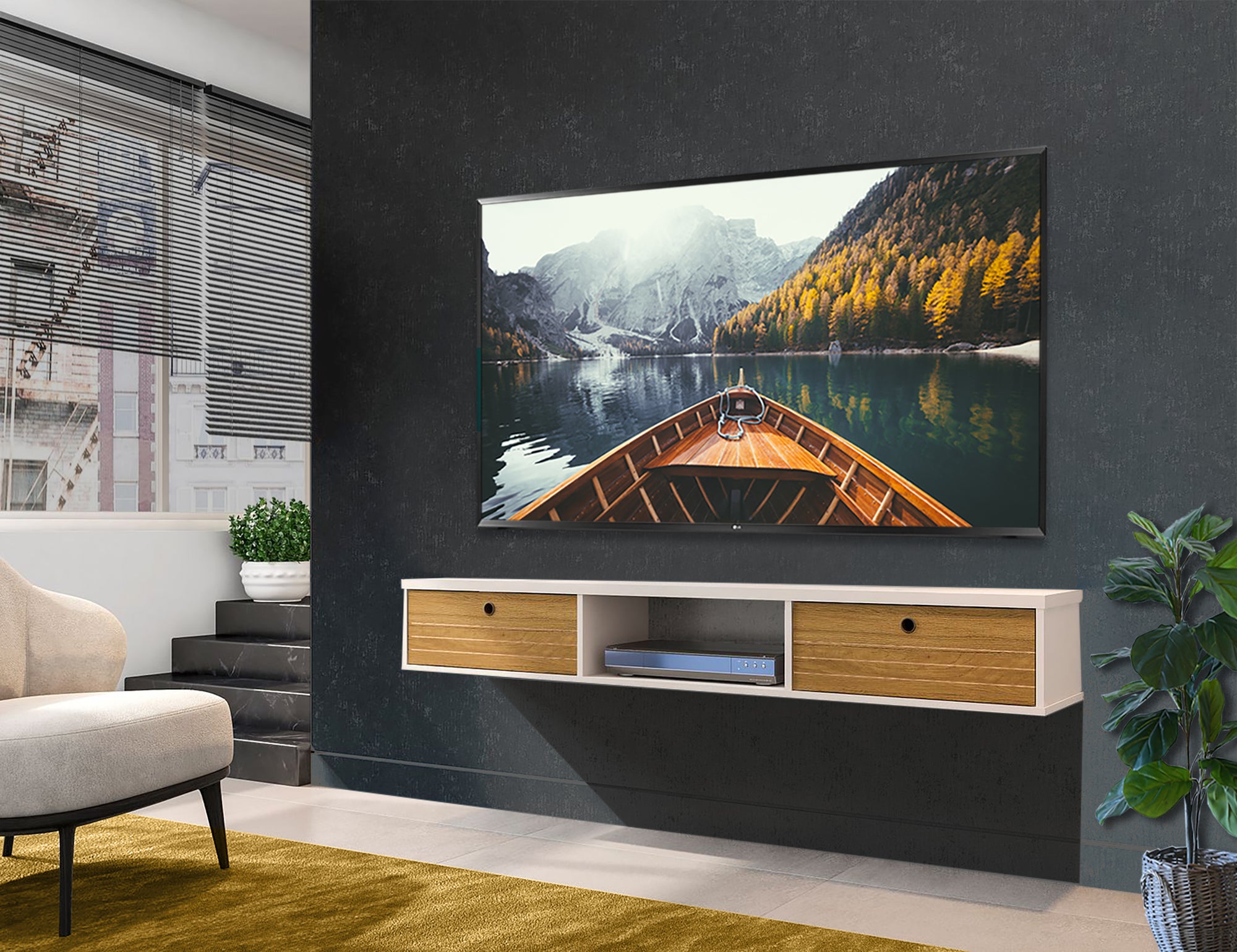 Floating TV Stand - Ellis - Stylish Savings - Off White & Cinnamon