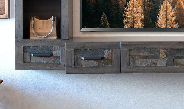 Handcrafted 93" Floating TV Stand Stone Inlay Wall Mount Entertainment Center - Woodstone - Gray Pepper