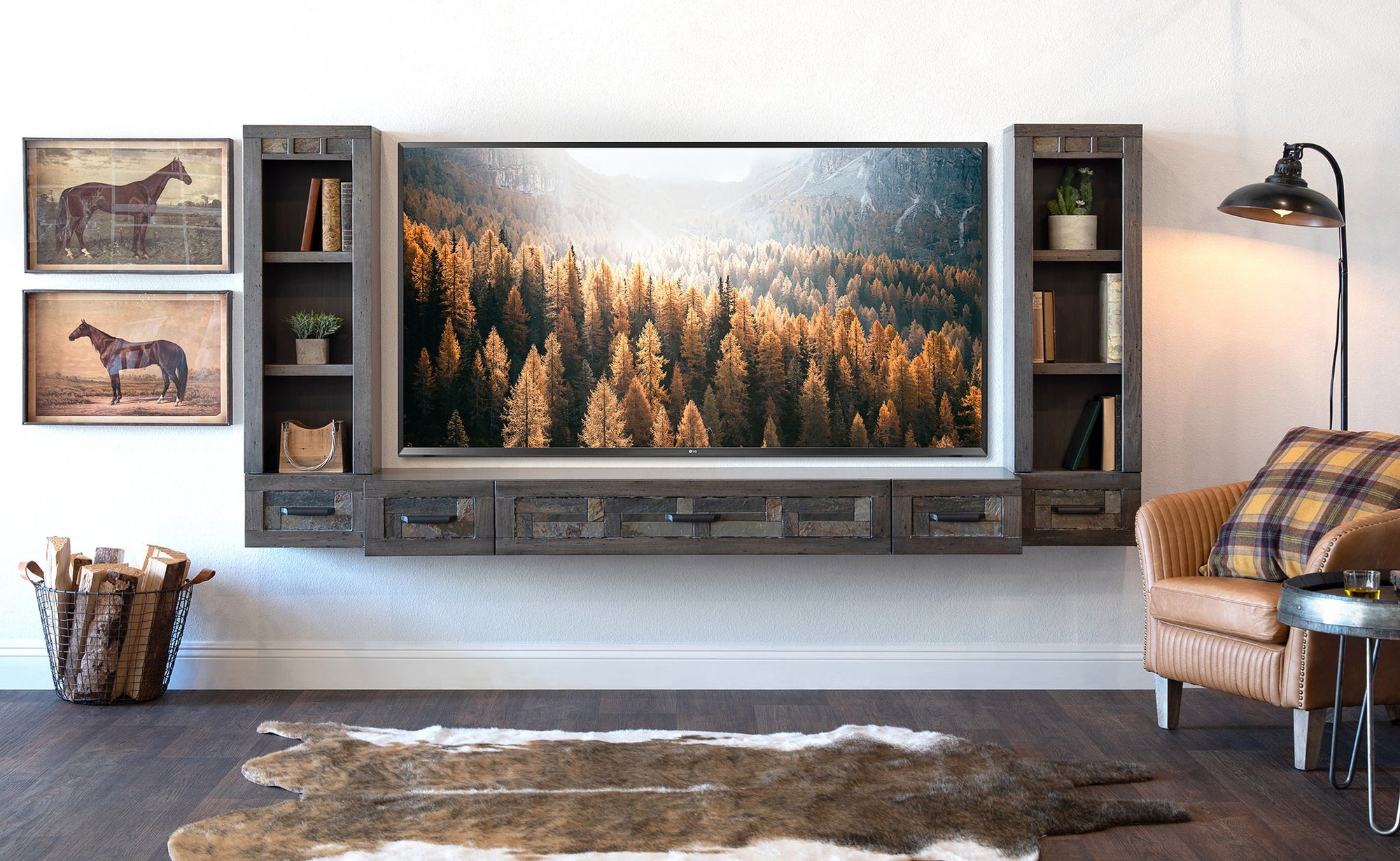 Handcrafted 93" Floating TV Stand Stone Inlay Wall Mount Entertainment Center - Woodstone - Gray Pepper