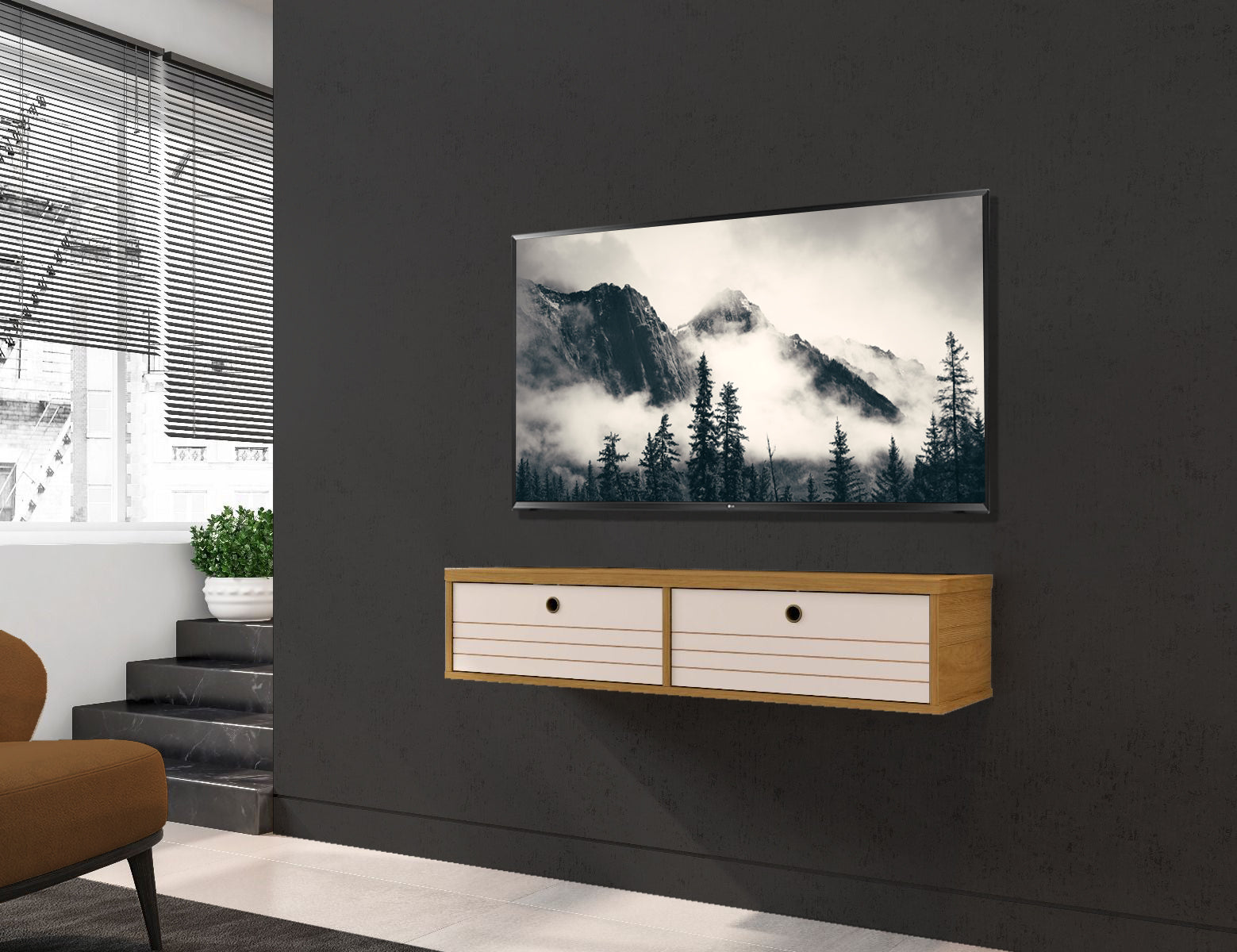 Floating TV Stand Wall Mount Console - Ellis - Stylish Savings - Cinnamon & Off White
