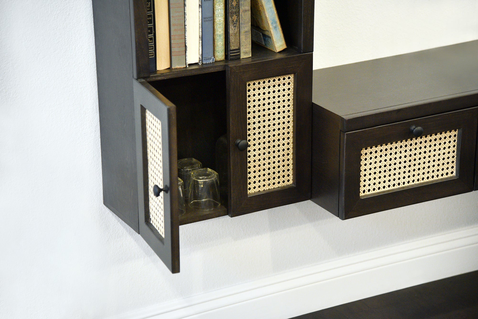 Handcrafted Floating TV Stand - Cane Wall Mount Entertainment Center - Rattan Wicker - Sugar Cane - Midnight Sky Black