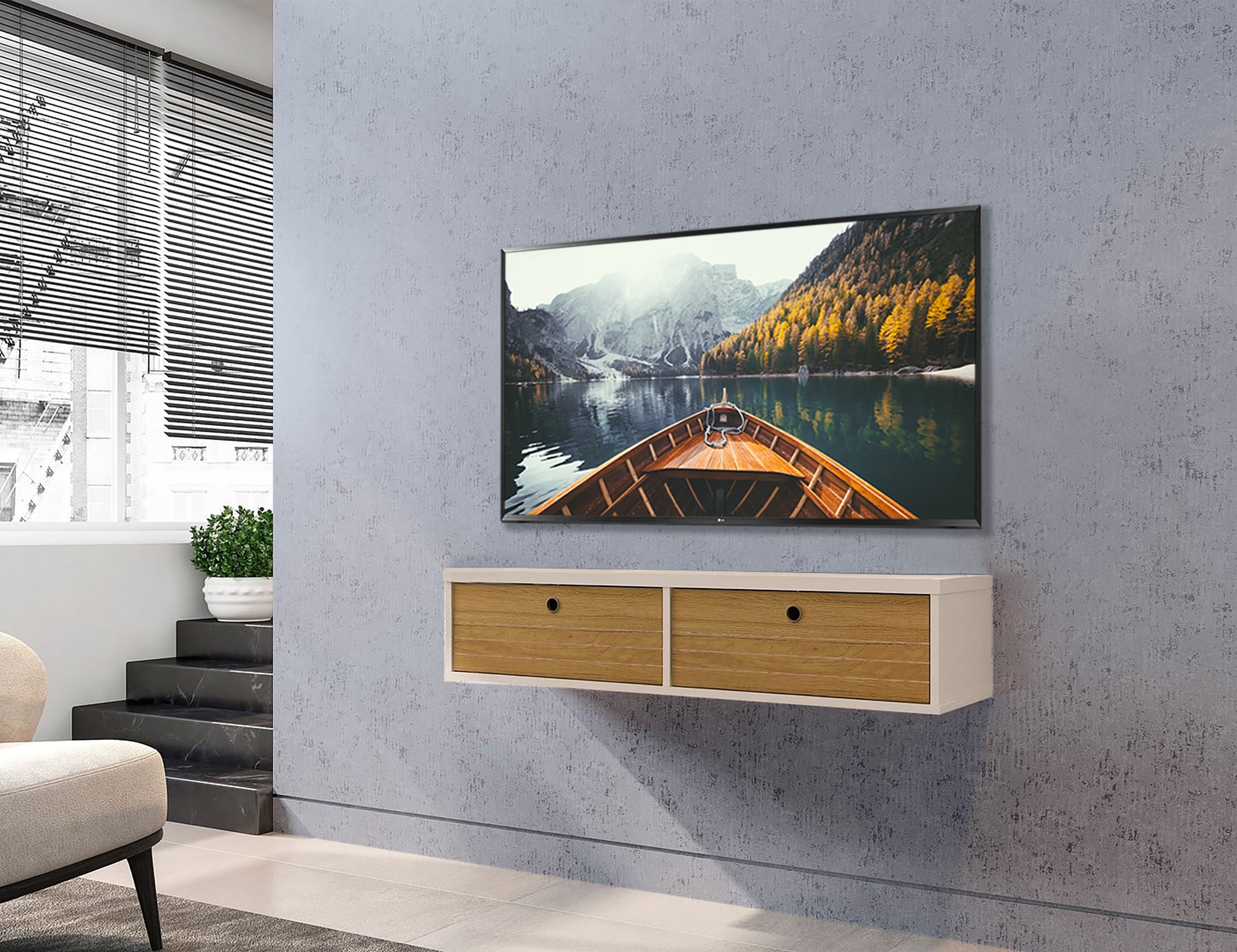 Floating TV Stand Wall Mount Console - Ellis - Stylish Savings - Off White & Cinnamon