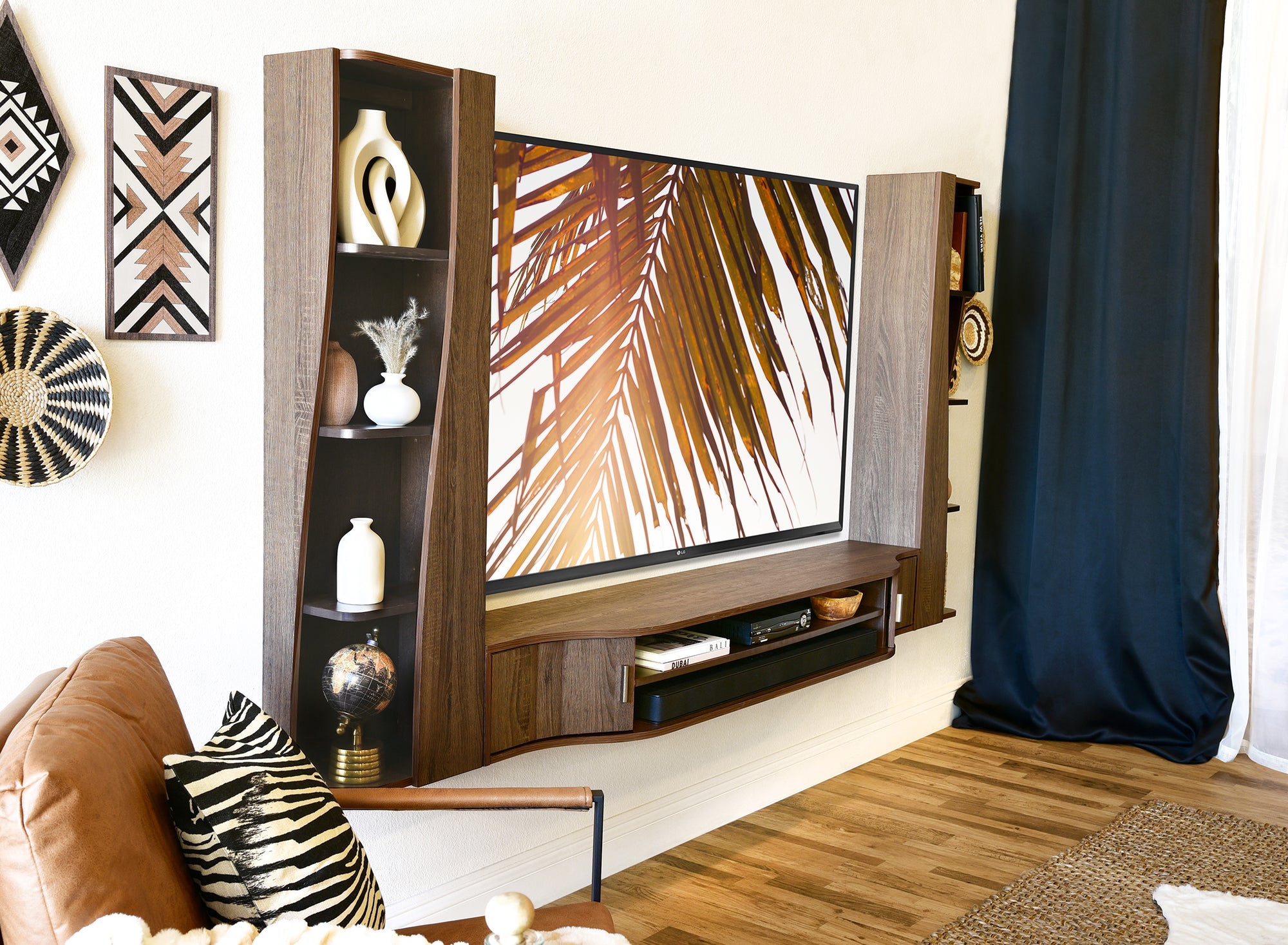 Handcrafted 94" Fully Assembled Modern Curved Floating TV Stand Wall Mount Entertainment Center - Mojave - Dark Walnut