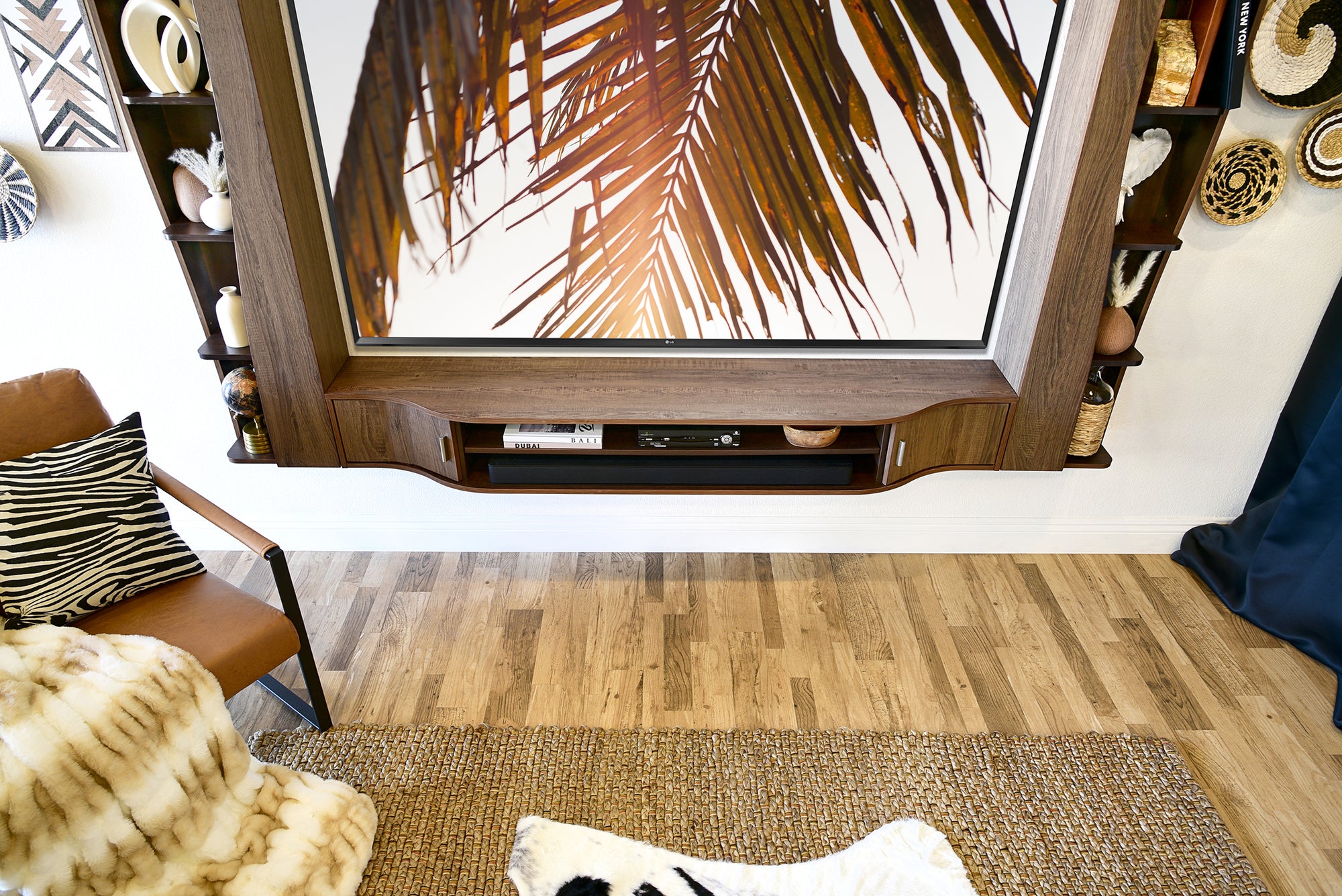Handcrafted 94" Fully Assembled Modern Curved Floating TV Stand Wall Mount Entertainment Center - Mojave - Dark Walnut